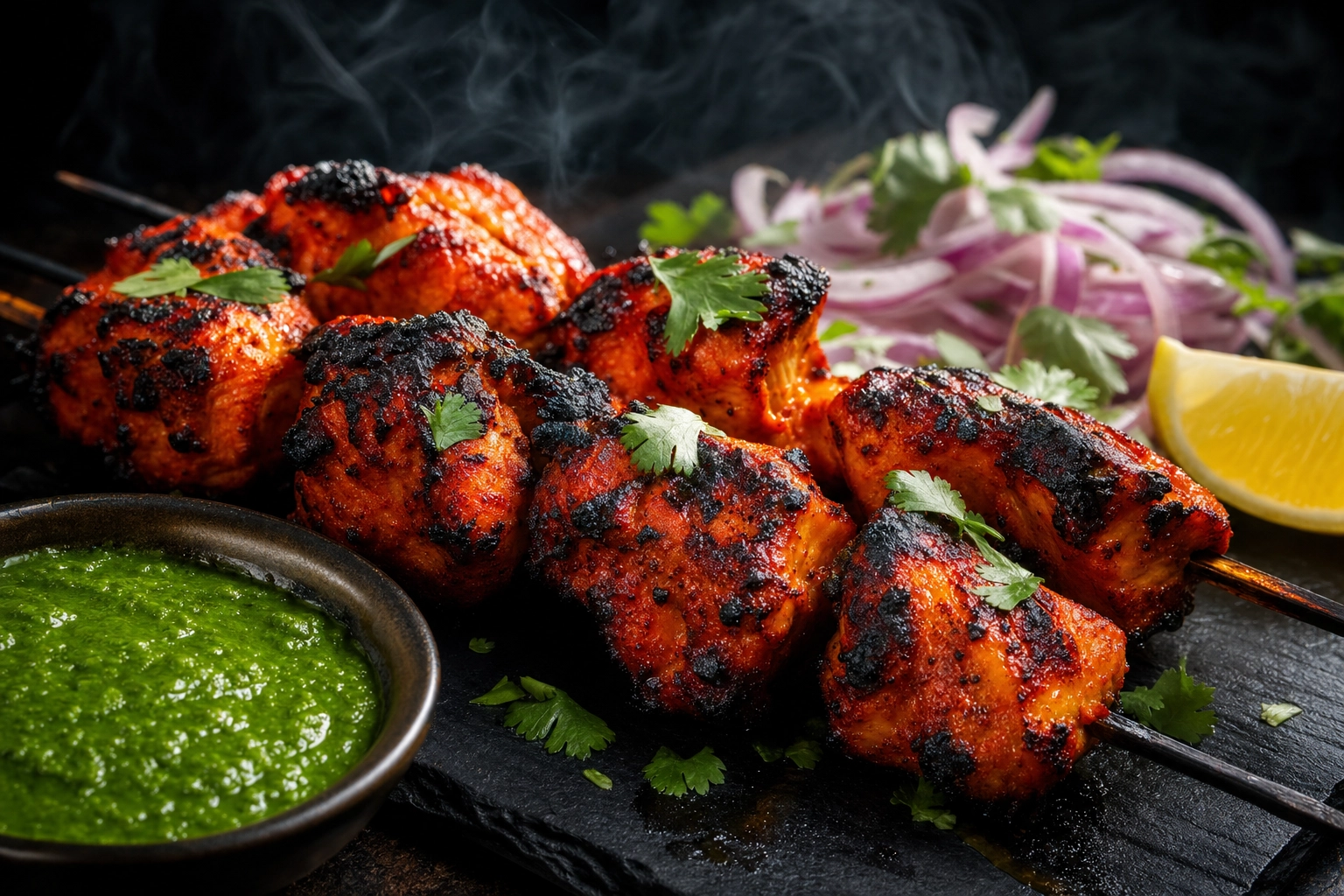 Charred tandoori chicken tikka skewers with vibrant red-orange marinade, cilantro, red onion and mint chutney on slate