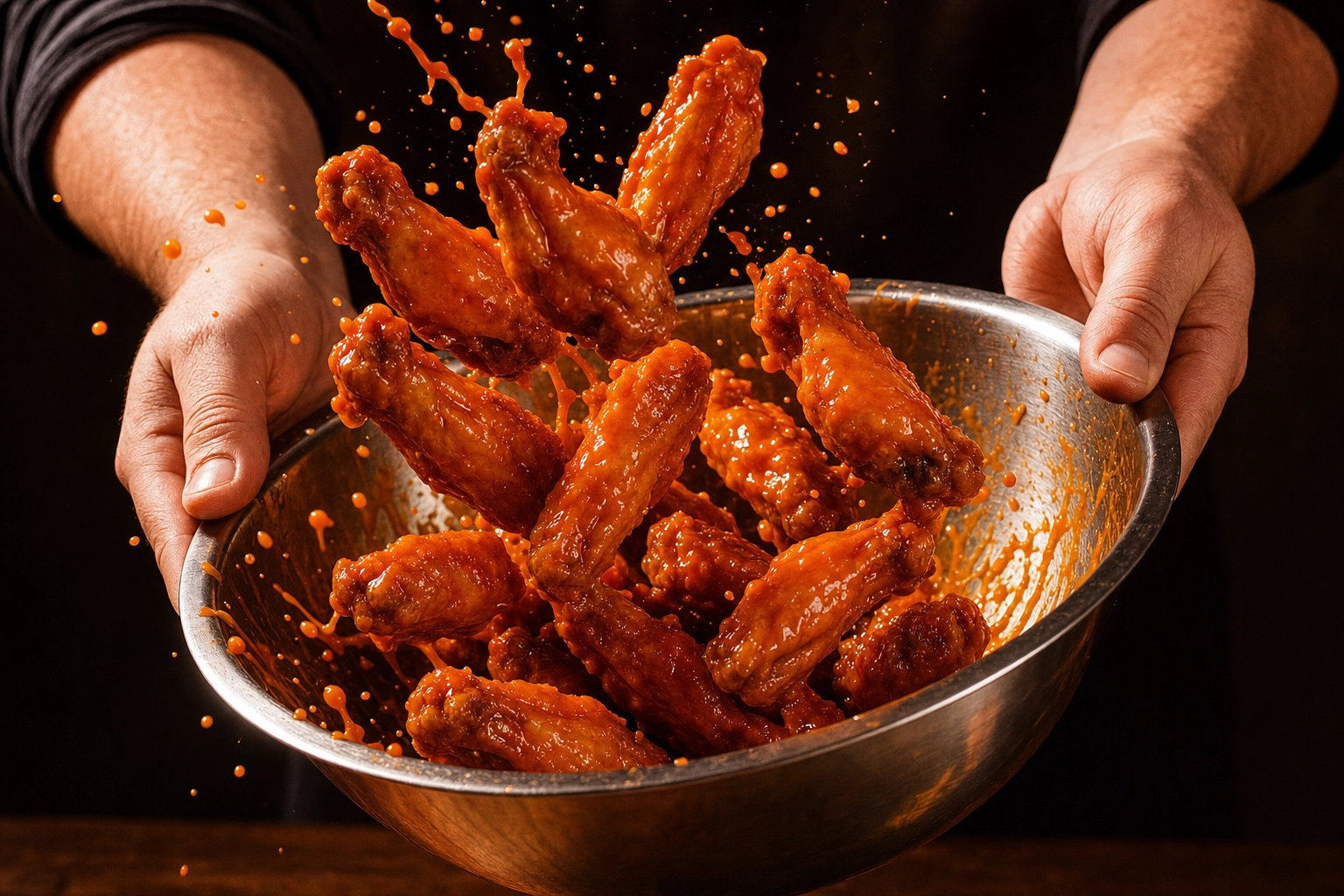 Chicken wings tossed mid-air in a steel bowl coated in glossy buffalo sauce with flying droplets — saucing action shot