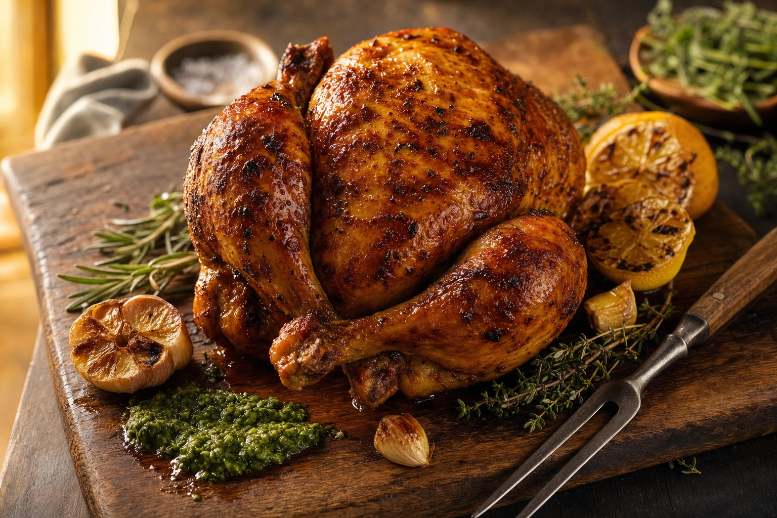 Whole roasted chicken with glistening mahogany skin on a wooden board with herbs and charred lemon — rotisserie roast hero