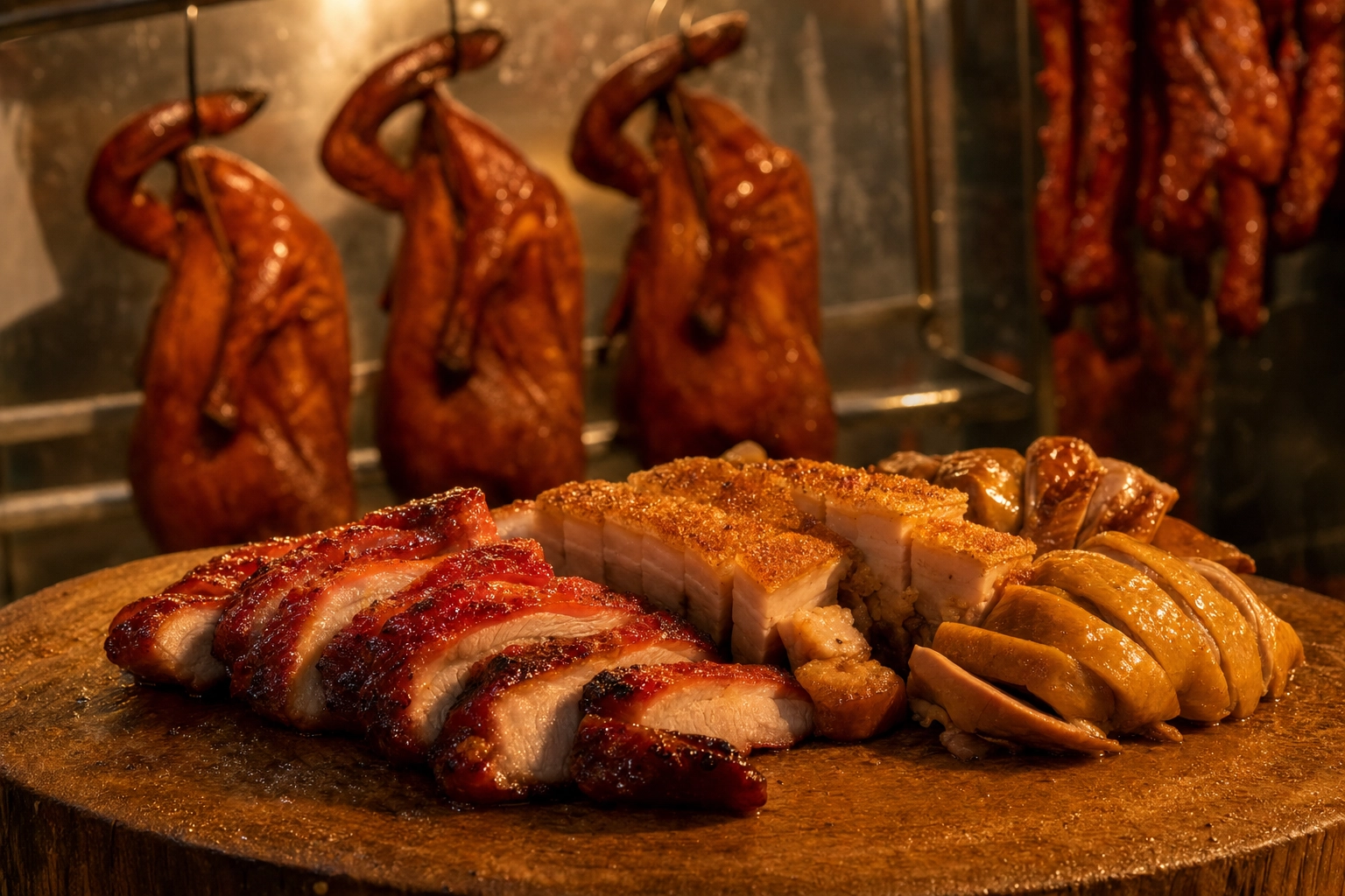 Cantonese roast board with glossy lacquered char siu, crispy roast pork belly and soy-sauce chicken under warm light
