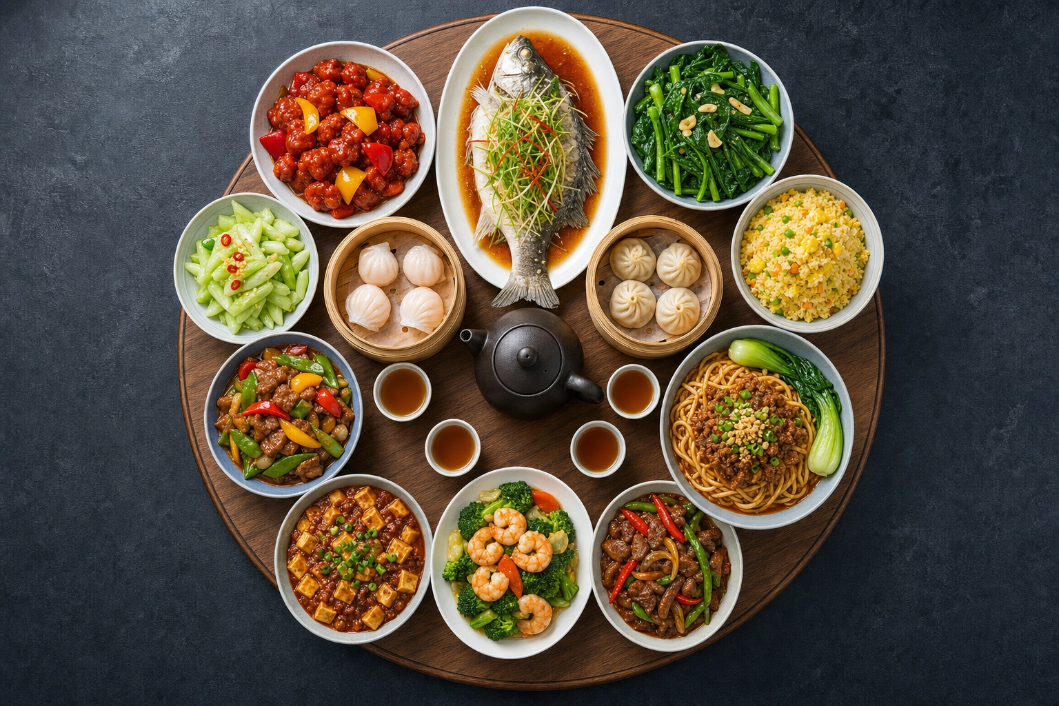 Overhead flat-lay of a Chinese banquet lazy Susan with a dozen shared dishes arranged by color on dark slate