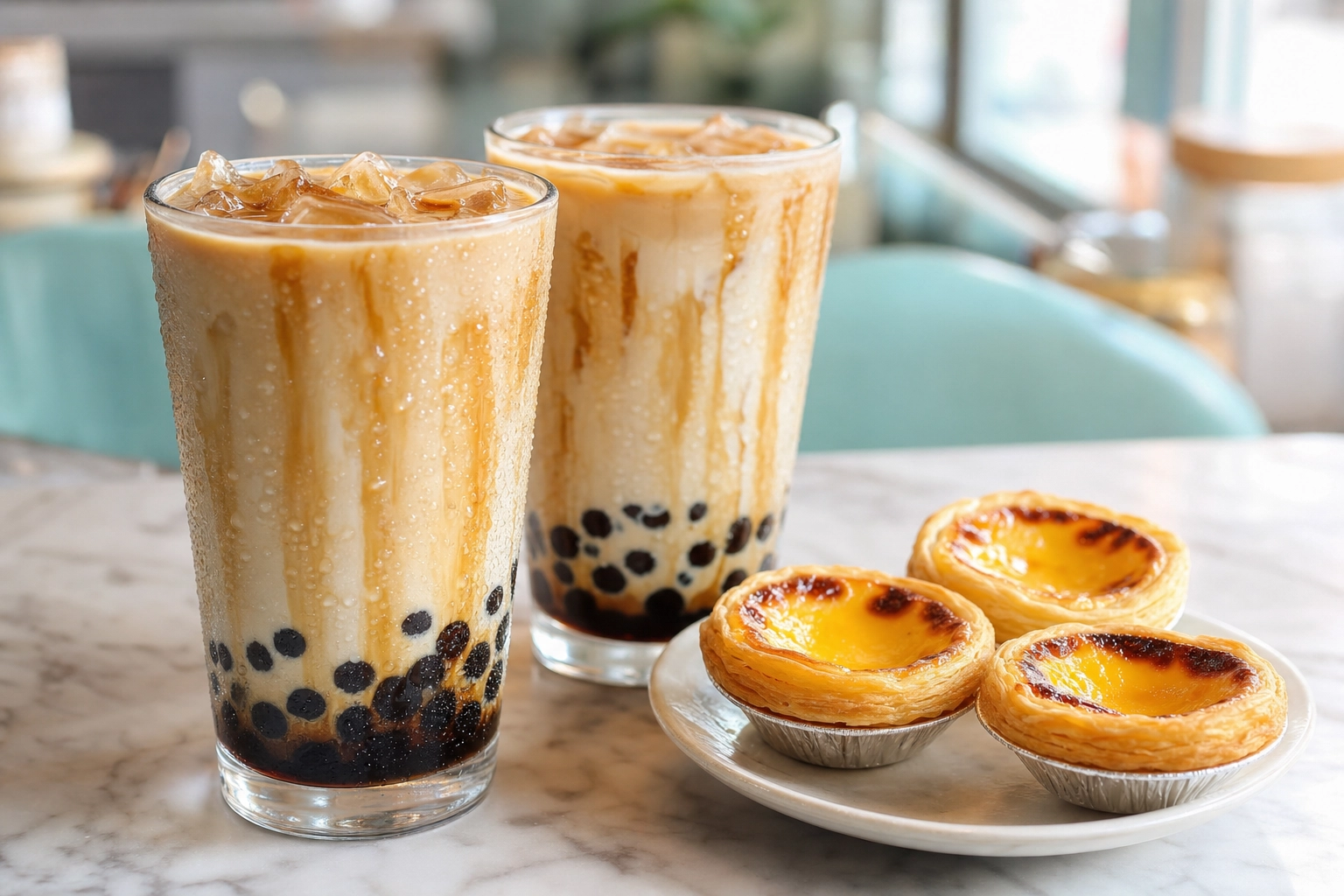 Tall glasses of brown-sugar bubble tea with tapioca pearls beside golden glossy-topped Chinese egg tarts on light marble