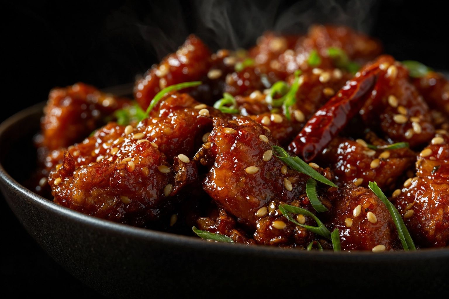 Macro of glossy dark-red glazed Chinese chicken in a matte black bowl with side light controlling the sauce sheen
