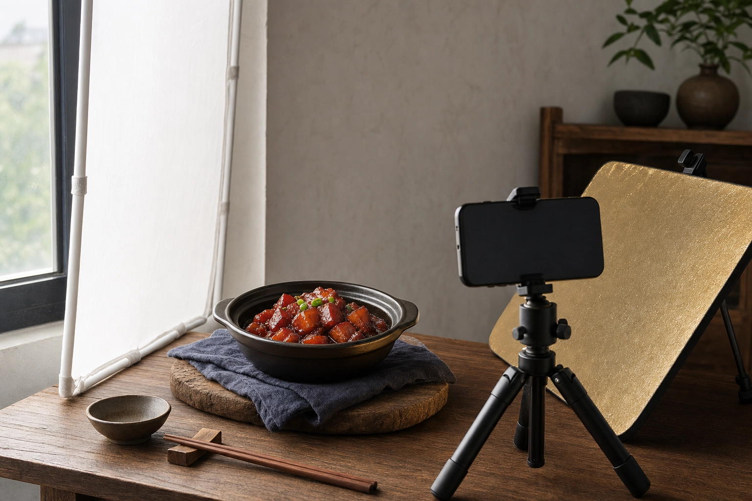 Window side-lighting setup for a glossy red Chinese dish with a sheer diffuser, gold reflector and phone on a tripod
