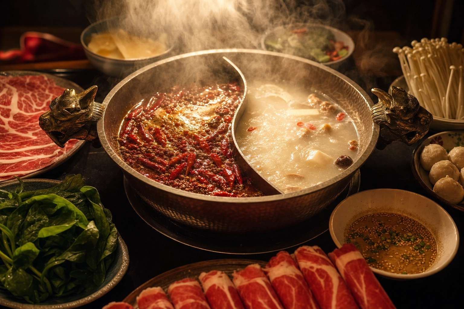 Bubbling divided Chinese hot pot with spicy red and clear broth steaming, surrounded by raw beef and vegetable platters