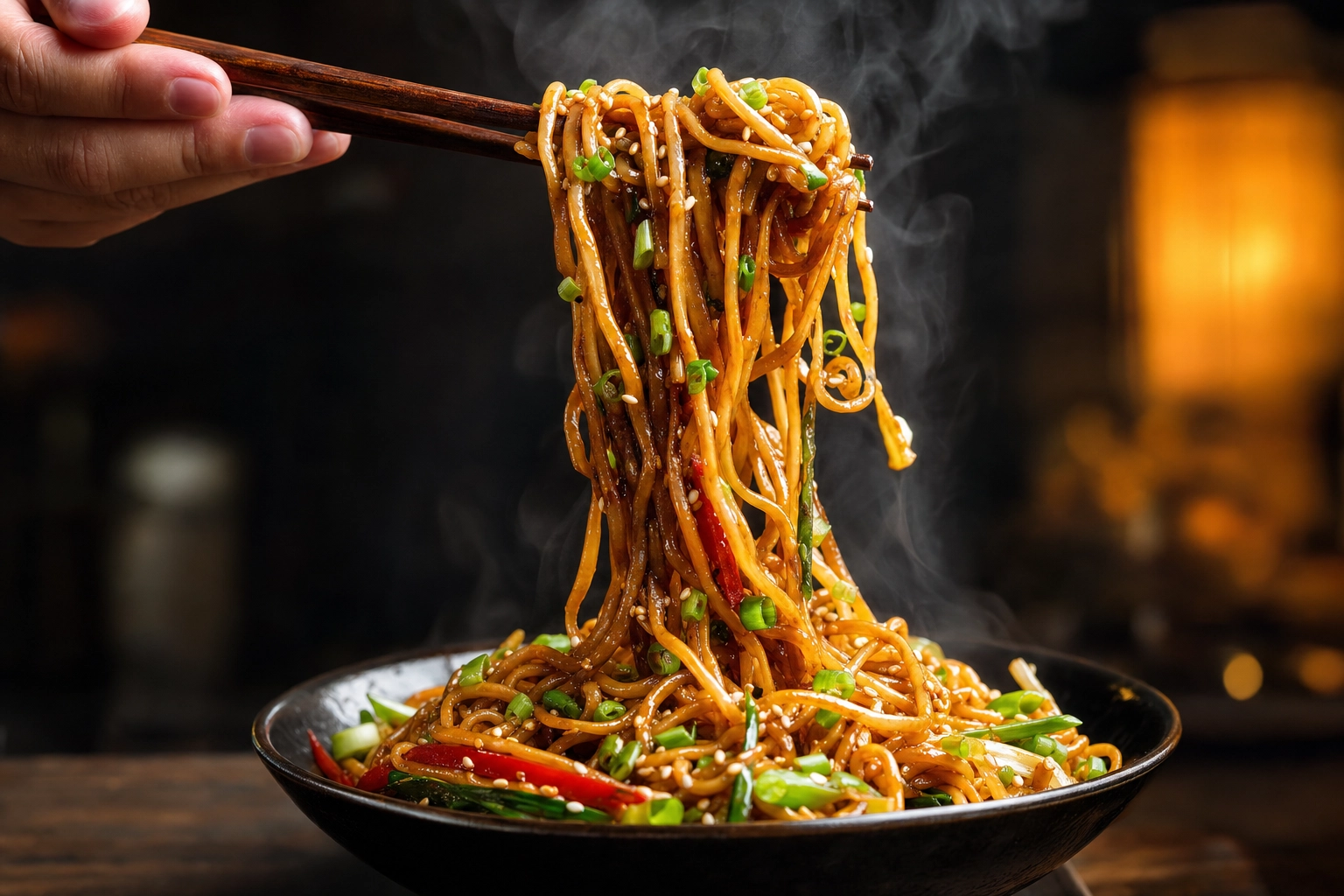 Chopsticks lifting glossy soy-glazed Chinese lo mein noodles mid-air above a bowl with rising steam, action shot