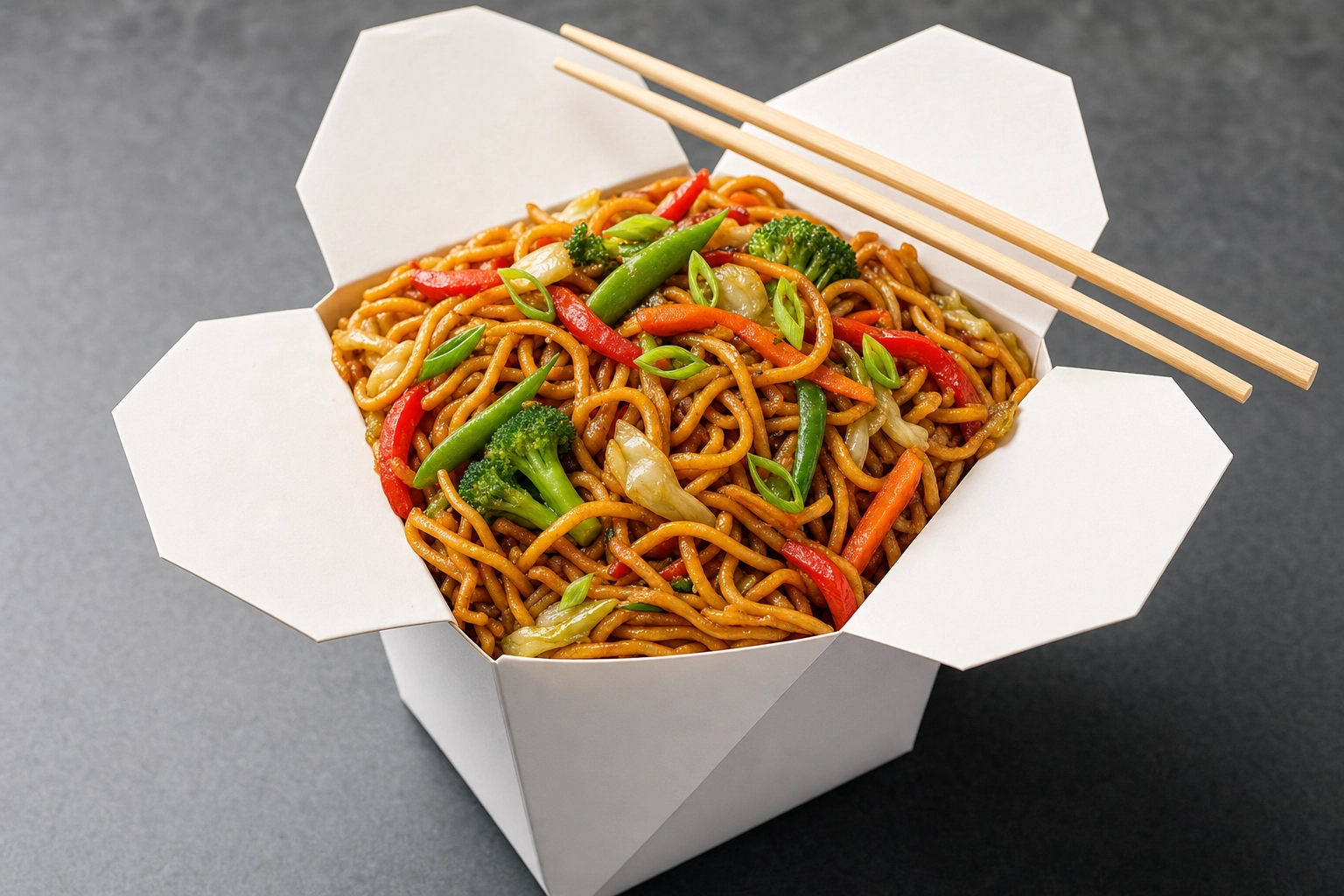 Open white Chinese takeout carton overflowing with glossy chow mein and chopsticks on a slate surface, delivery-ready