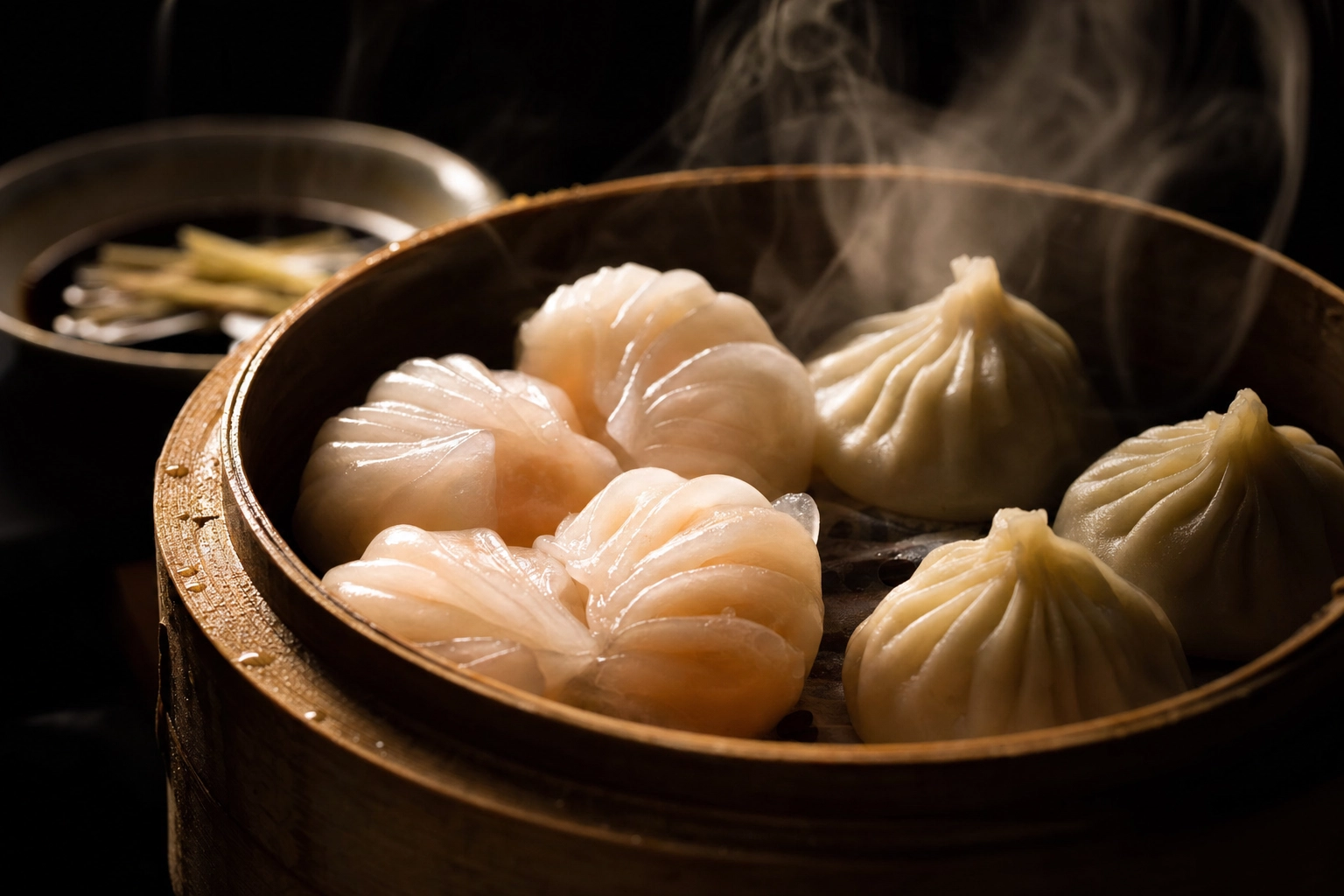 Backlit bamboo steamer of translucent har gow and pleated soup dumplings with visible steam on a dark background