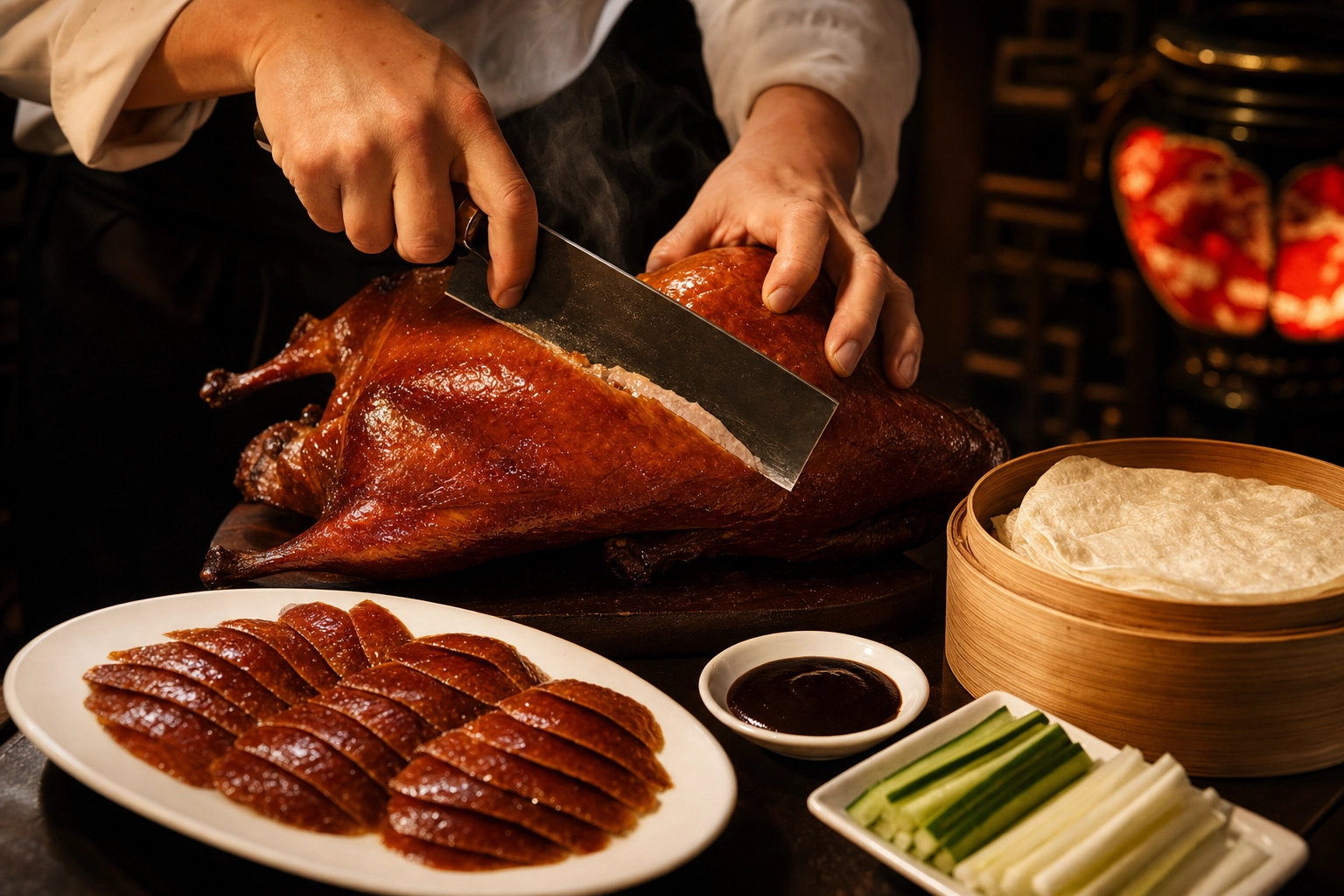 Chef carving a lacquered Peking duck tableside, glossy mahogany crispy skin under warm directional light with pancakes