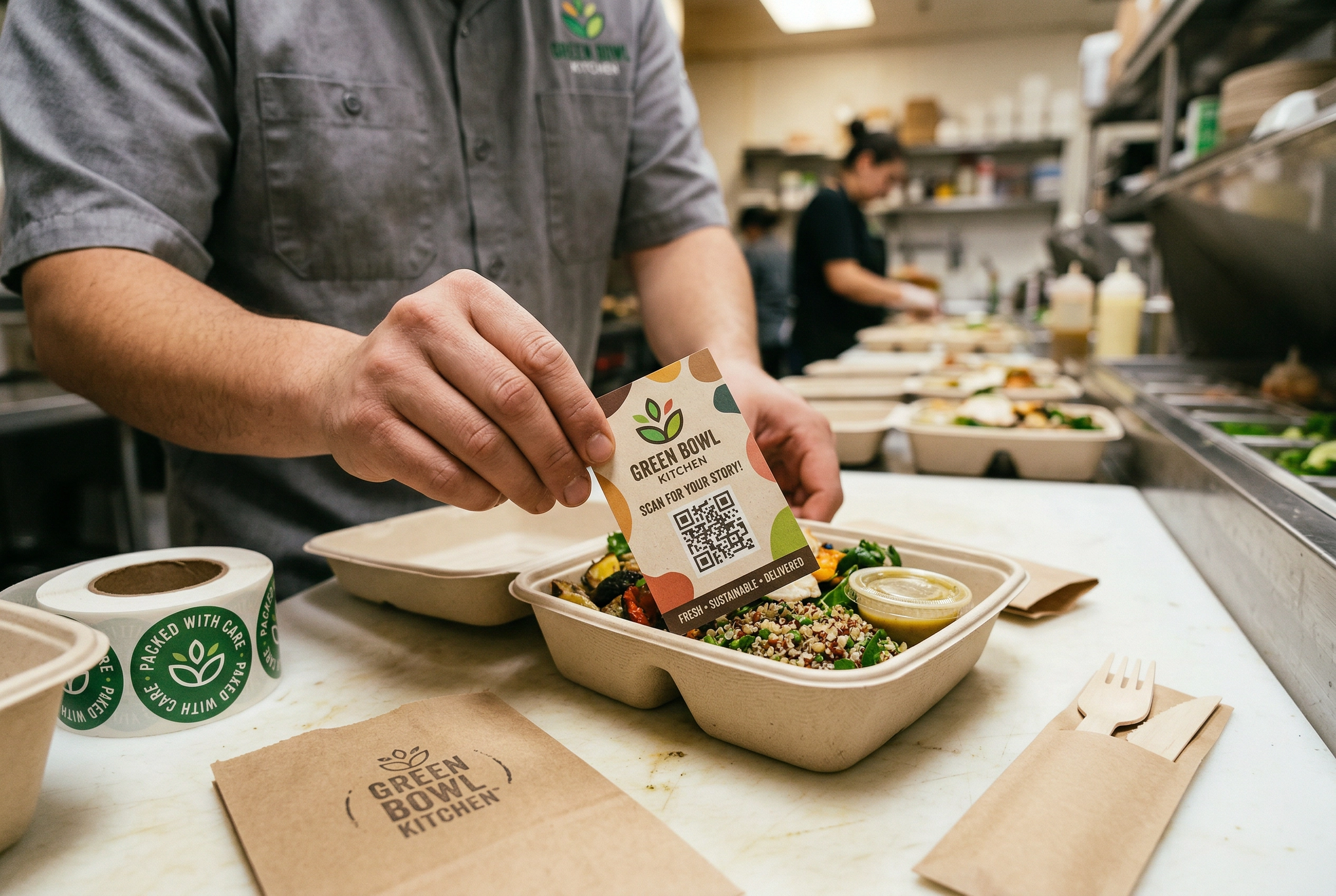 Branded cloud kitchen packaging with QR code insert cards and eco-friendly takeout containers