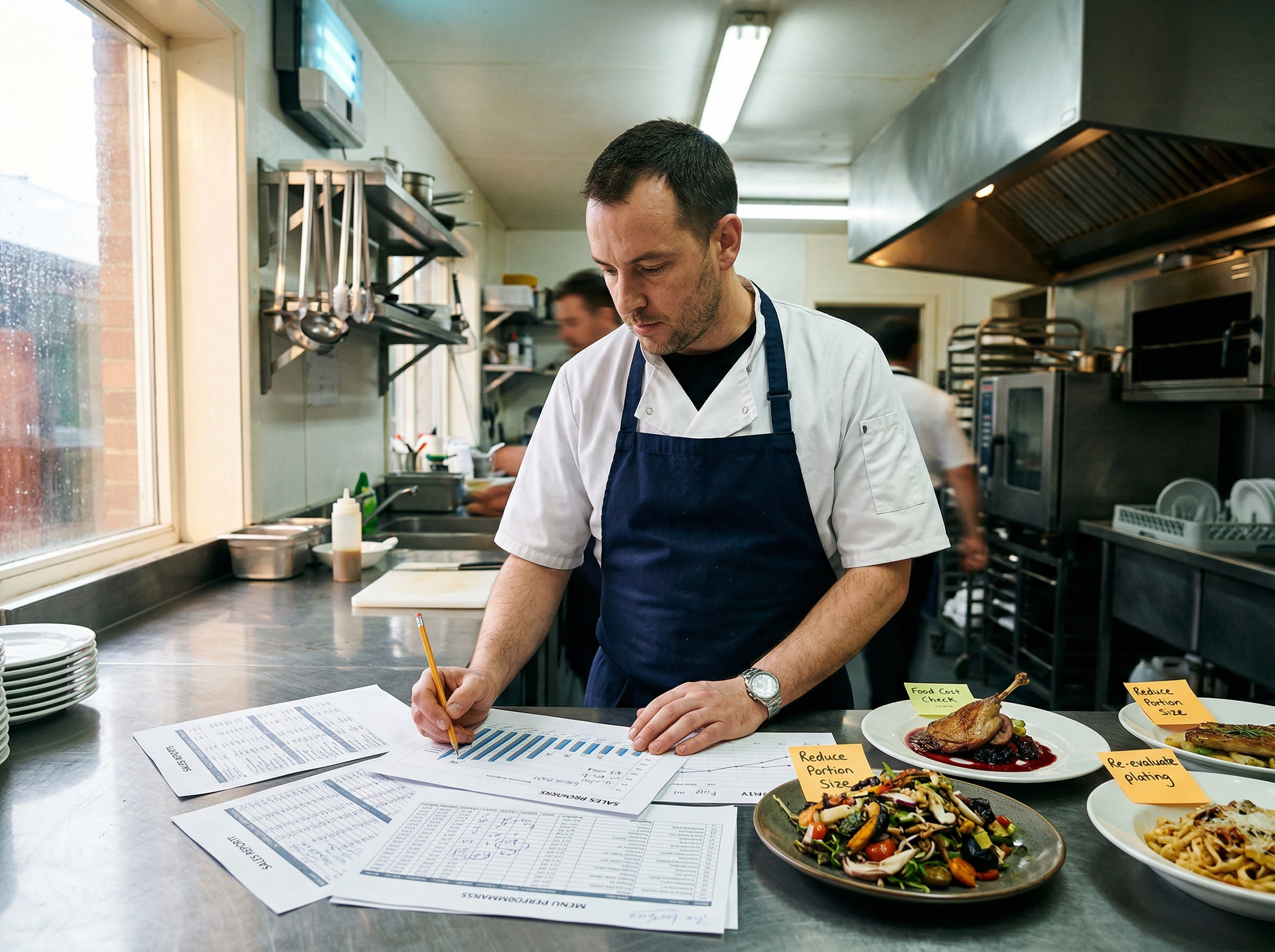 Chef analyzing menu performance data and sales reports in a cloud kitchen for menu optimization