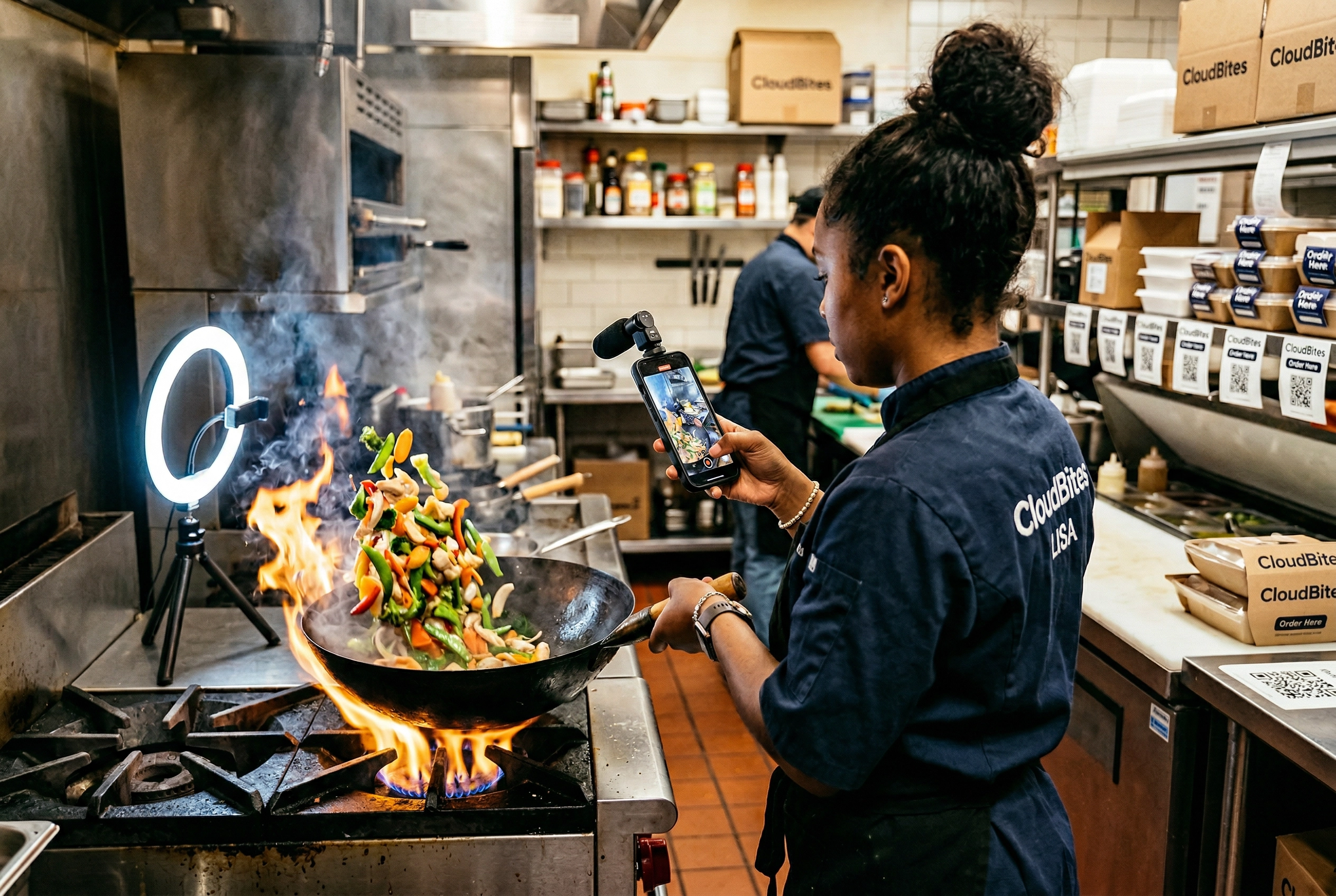 Cloud kitchen chef creating social media video content of food preparation for Instagram and TikTok