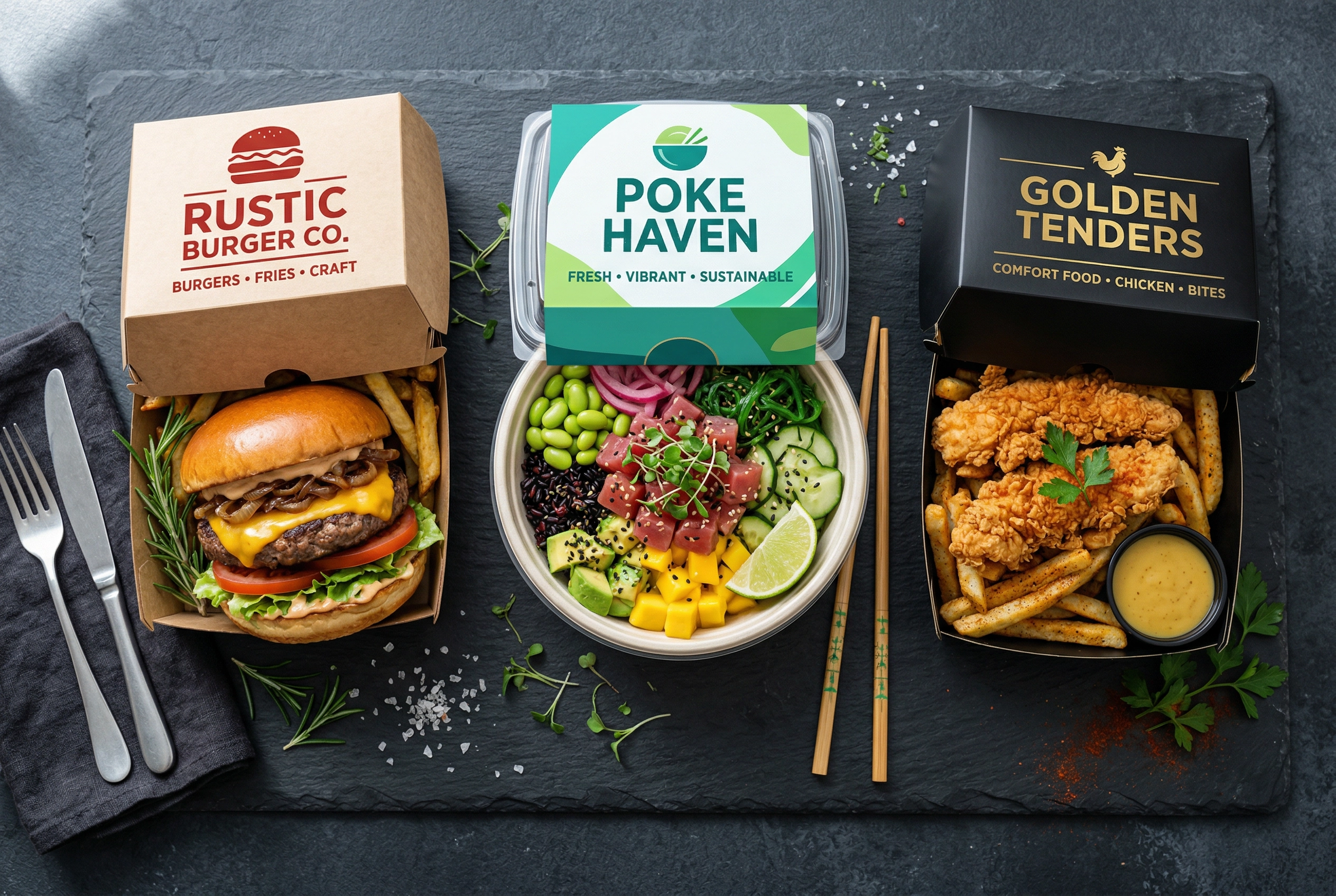 Three different virtual brand meals from one cloud kitchen showing burger, poke bowl, and comfort food