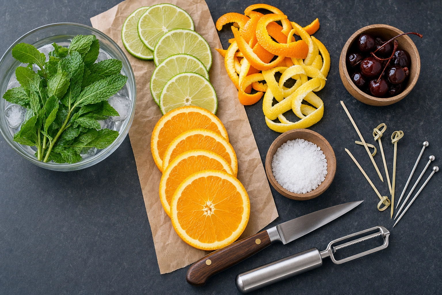 Overhead flat-lay of prepared cocktail garnishes — mint sprigs in ice water, citrus wheels, peels, and cherries staged for a bar menu photo shoot
