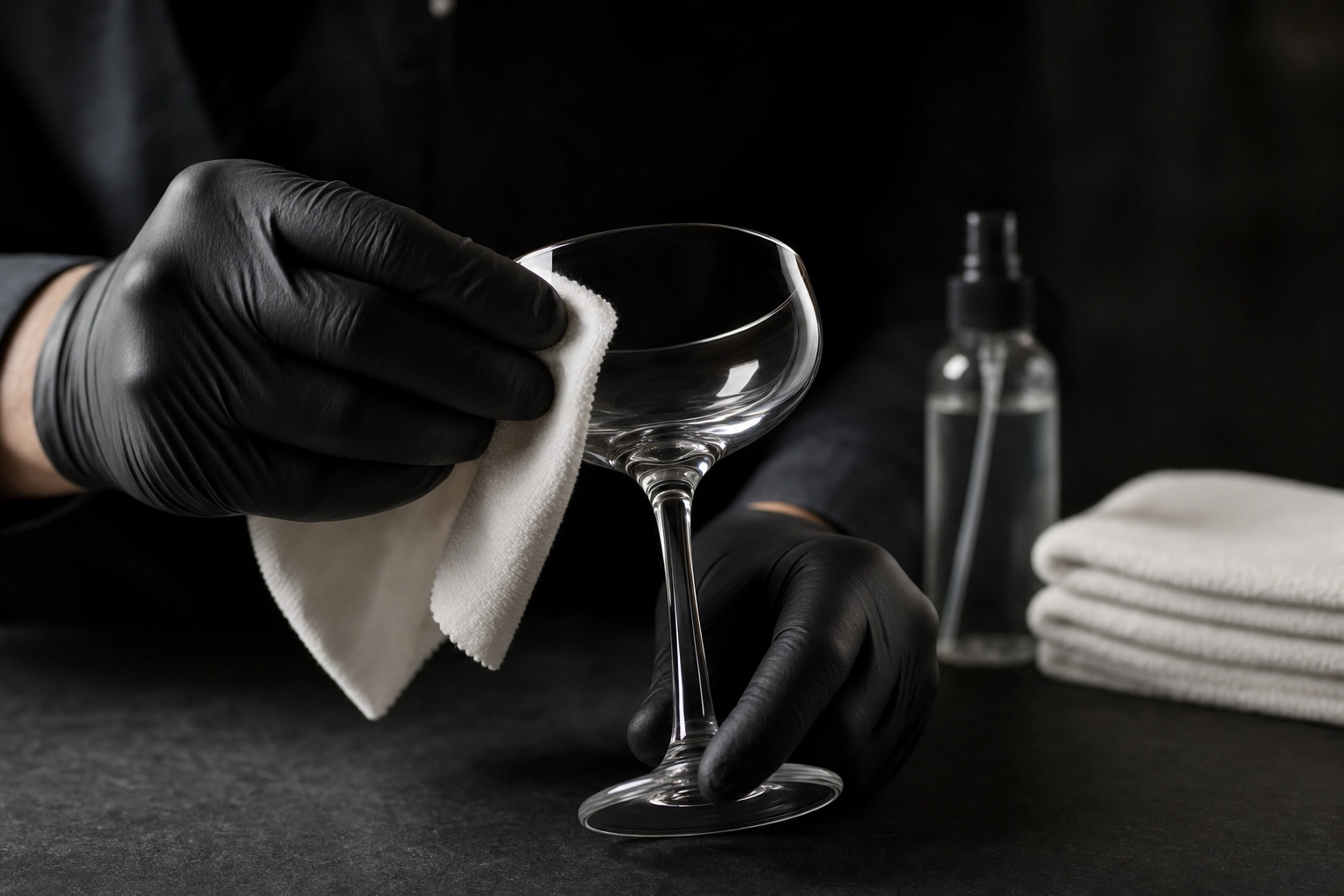 Gloved hands polishing a crystal coupe glass with a microfiber cloth before a cocktail shoot — controlling reflections and fingerprints in cocktail photography