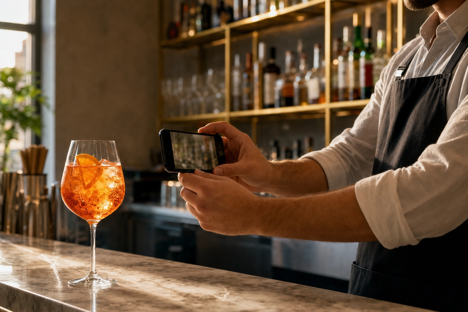 Bar manager photographing an Aperol spritz on a marble bar top with a smartphone — phone-based bar menu photography workflow