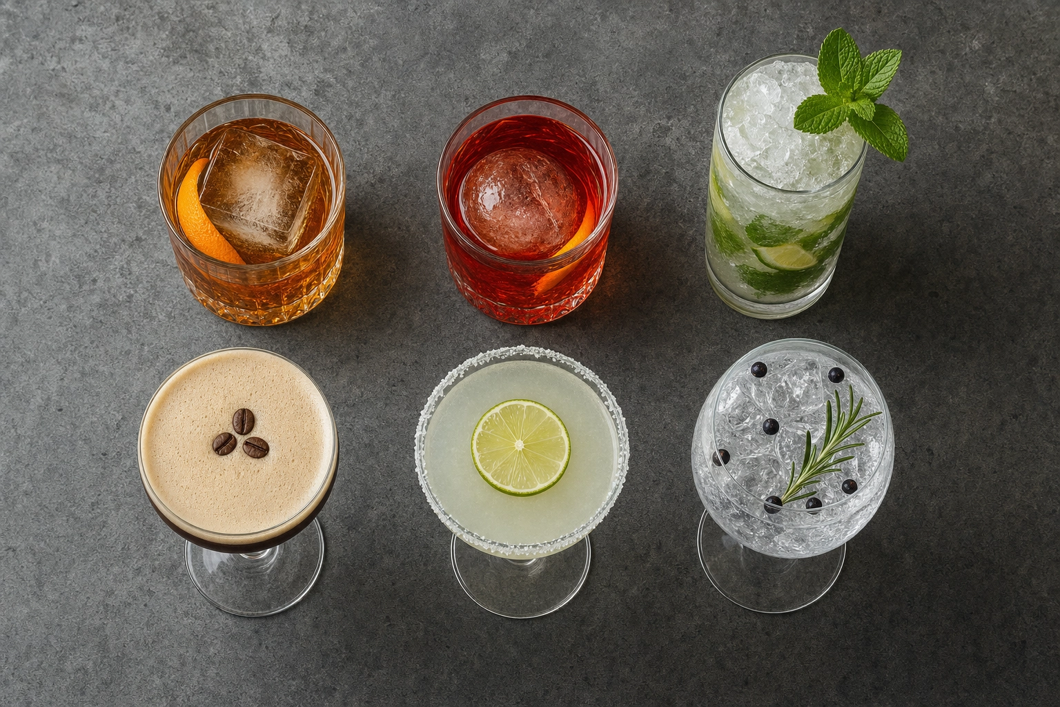 Top-down flat-lay grid of six classic cocktails for a menu — old fashioned, negroni, mojito, espresso martini, margarita, gin and tonic