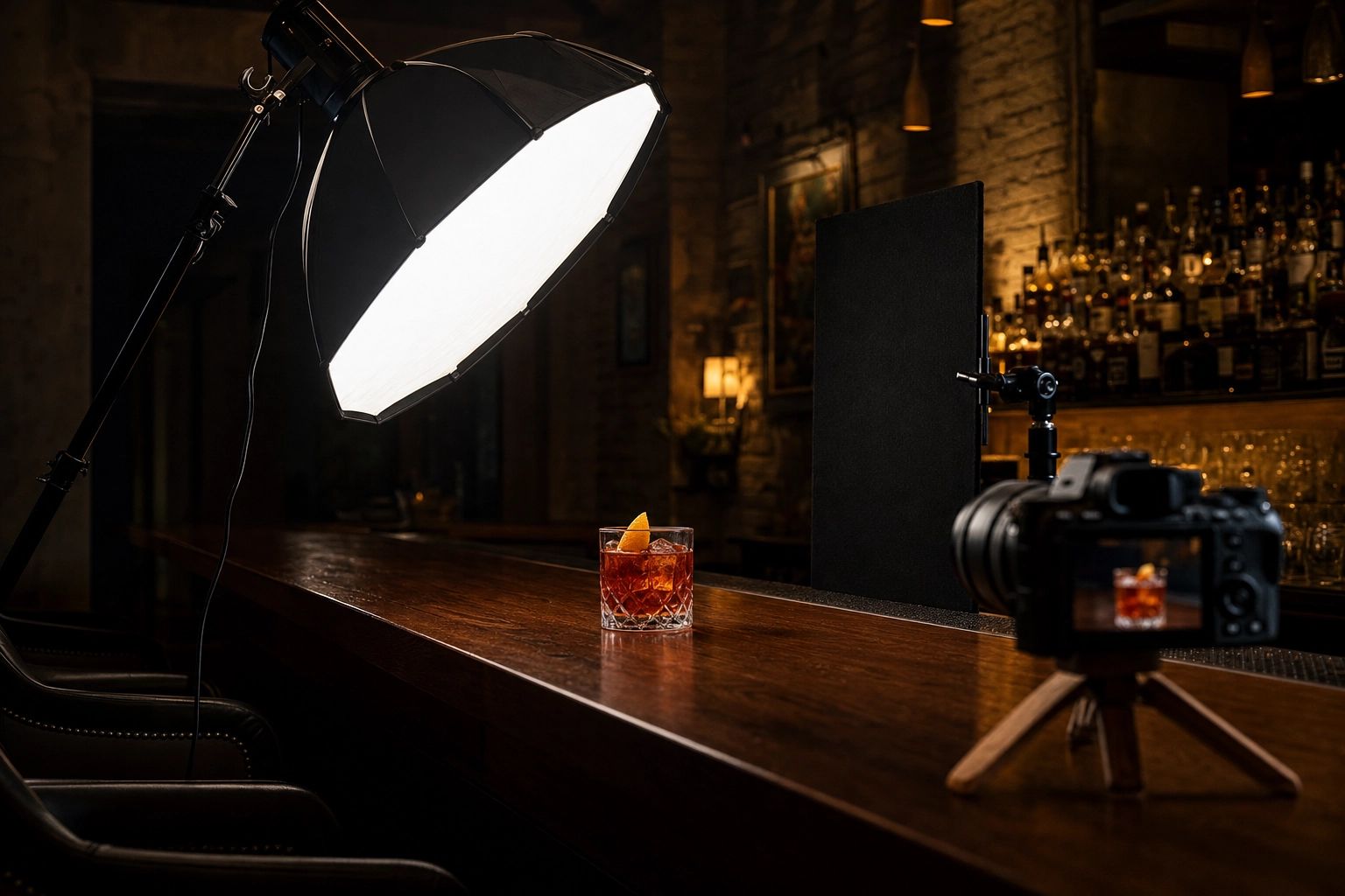Behind-the-scenes cocktail photography lighting setup with a single LED softbox, black flag, and a negroni on a dark walnut bar — bar menu shoot