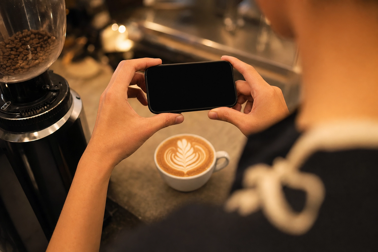 Barista haciendo una foto cenital con el móvil de un latte art rosetta sobre la barra de la cafetería, mostrando un flujo real de fotografía durante el trabajo