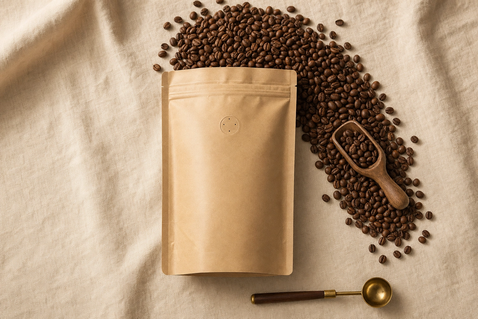 Flat-lay de fotografía de bolsa de granos de café con bolsa de papel kraft y granos derramados sobre superficie de lino junto a una cuchara de madera