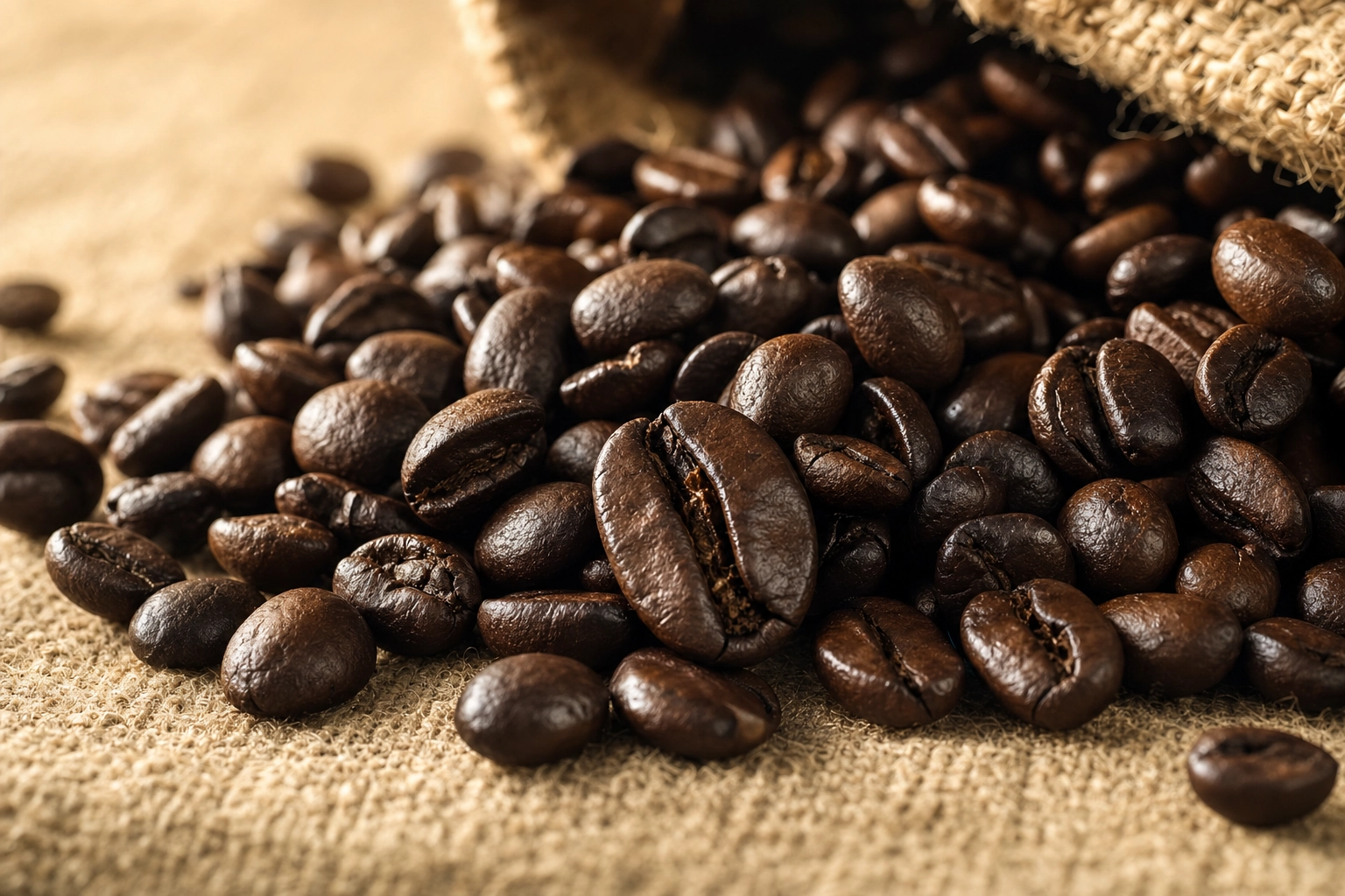 Primer plano macro de un montón de granos de café oscuros recién tostados sobre superficie de lino, mostrando el brillo aceitoso y la variación de color