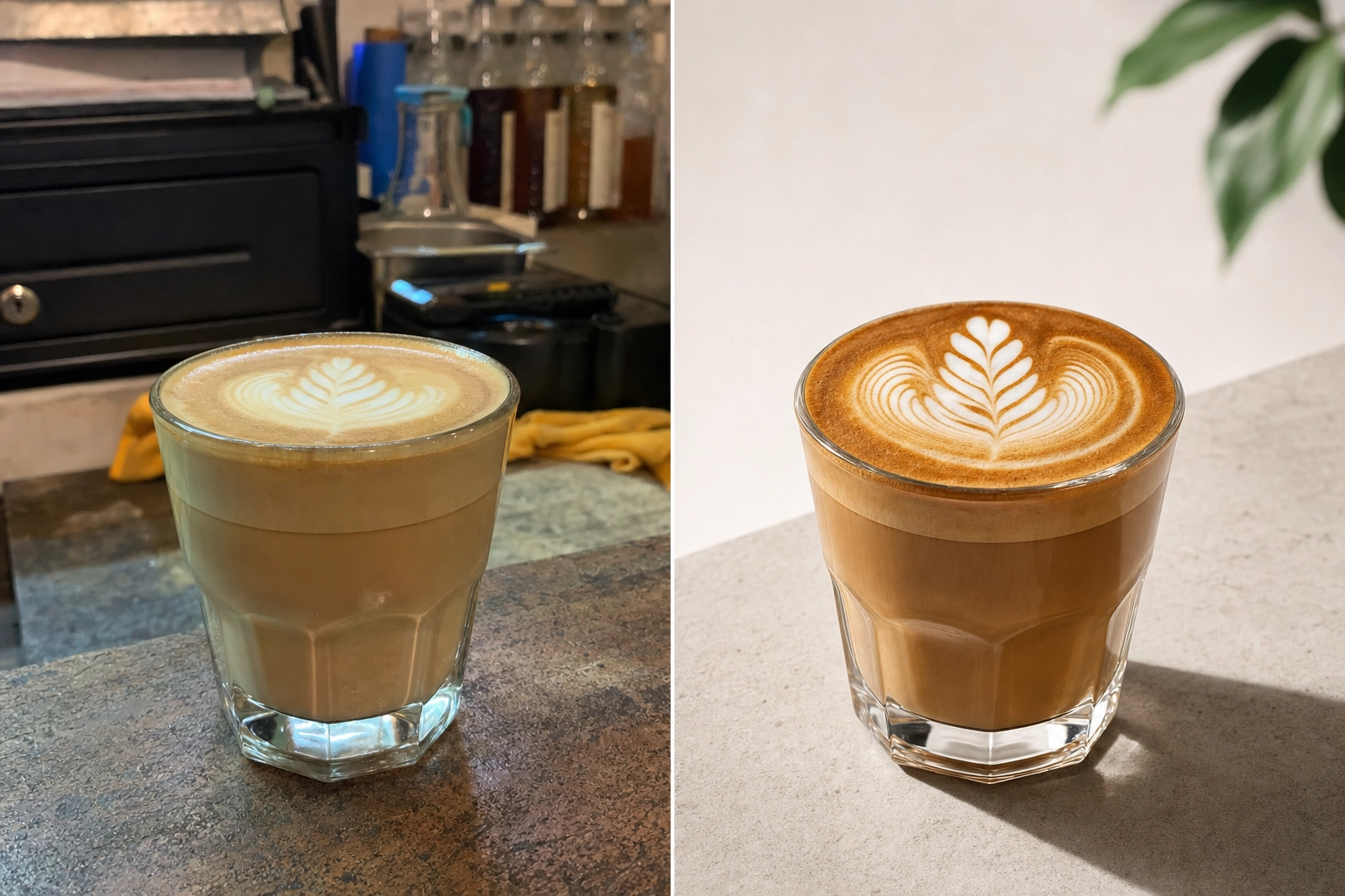 Comparación lado a lado de una foto de café cruda hecha con móvil frente a una versión pulida con IA lista para menú, mostrando una diferencia de calidad espectacular