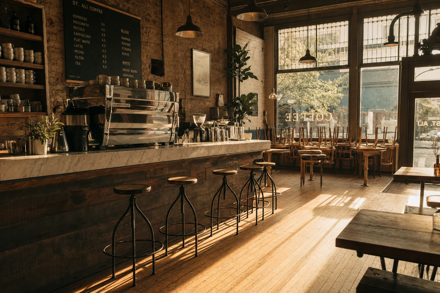 Interior vacío de una cafetería de café de especialidad al amanecer, con luz matinal de ventana atravesando el suelo de madera hacia la máquina de espresso sobre encimera de mármol