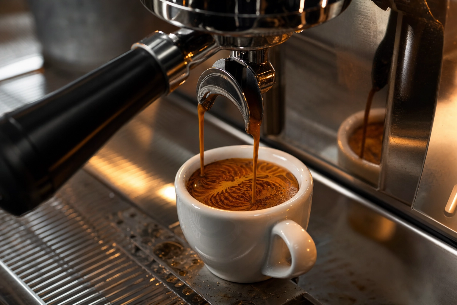Doble shot de espresso cayendo desde las salidas del portafiltro a una demitasse blanca, mostrando crema espesa y un patrón tiger-striping