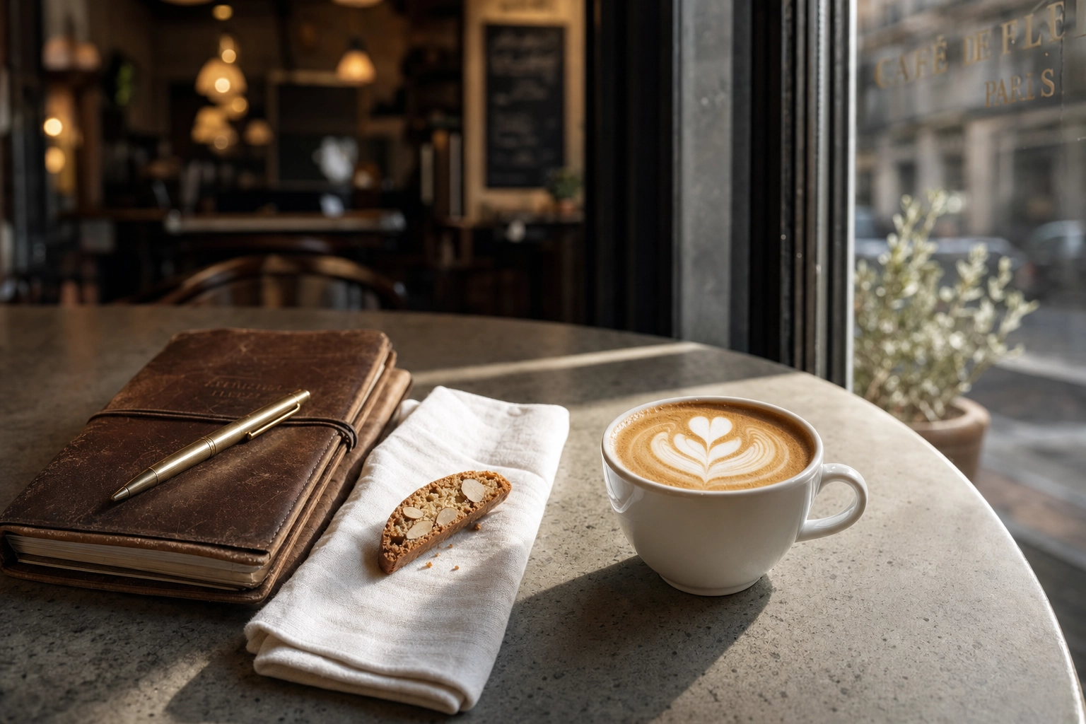 Flat white con latte art de tulipán sobre mesa de cafetería de hormigón, junto a biscotti y un cuaderno de cuero, con luz suave de ventana matinal