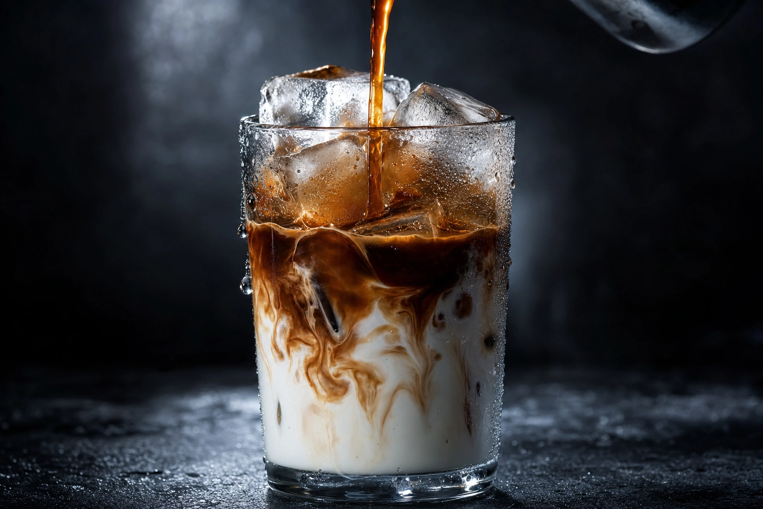 Primer plano de un latte helado con espresso cayendo sobre hielo y leche en un vaso alto, con gotas de condensación, sobre barra oscura