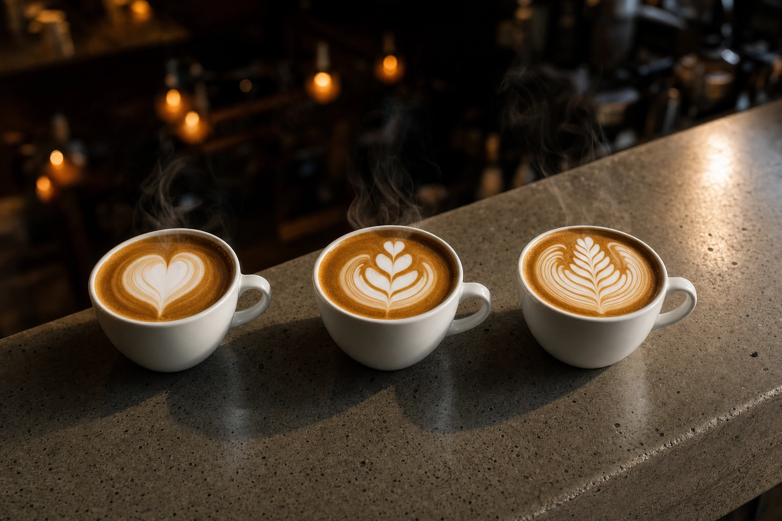 Tres patrones de latte art alineados sobre la barra de la cafetería mostrando diseños de corazón, tulipán y rosetta con vapor y luz cálida de lámparas colgantes de fondo