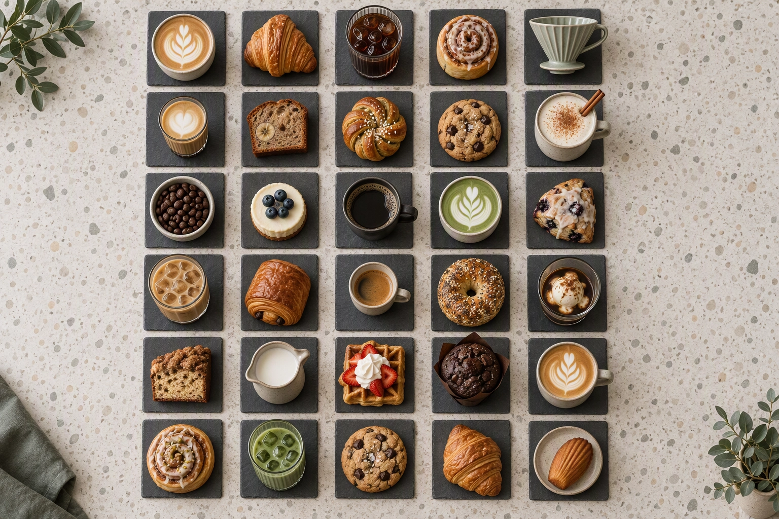 Overhead grid of cafe drinks and pastries on terrazzo, the shot list for a 30-day coffee shop content calendar