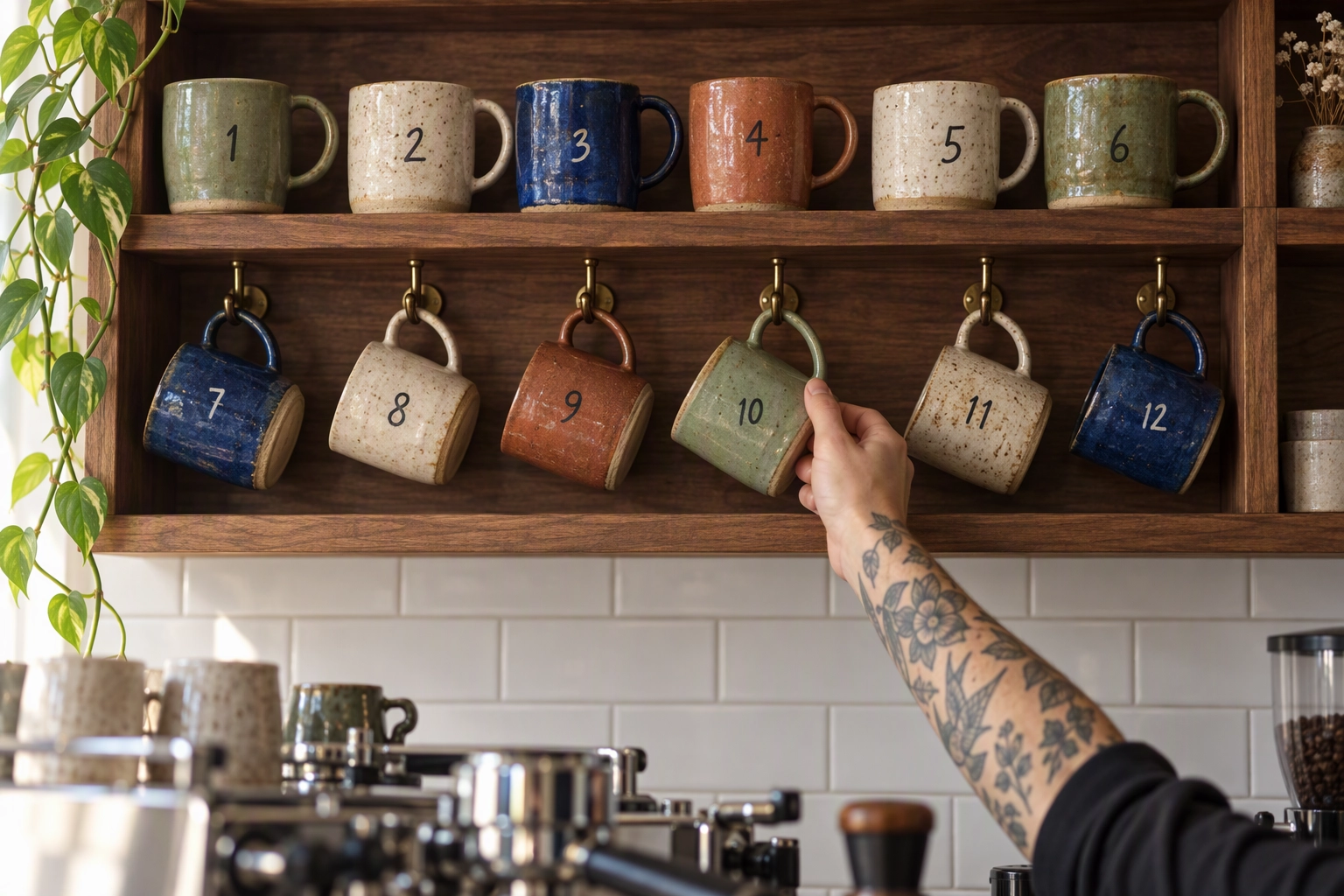 Shelf of numbered ceramic mugs behind a coffee bar, a mug club that keeps coffee shop regulars coming back