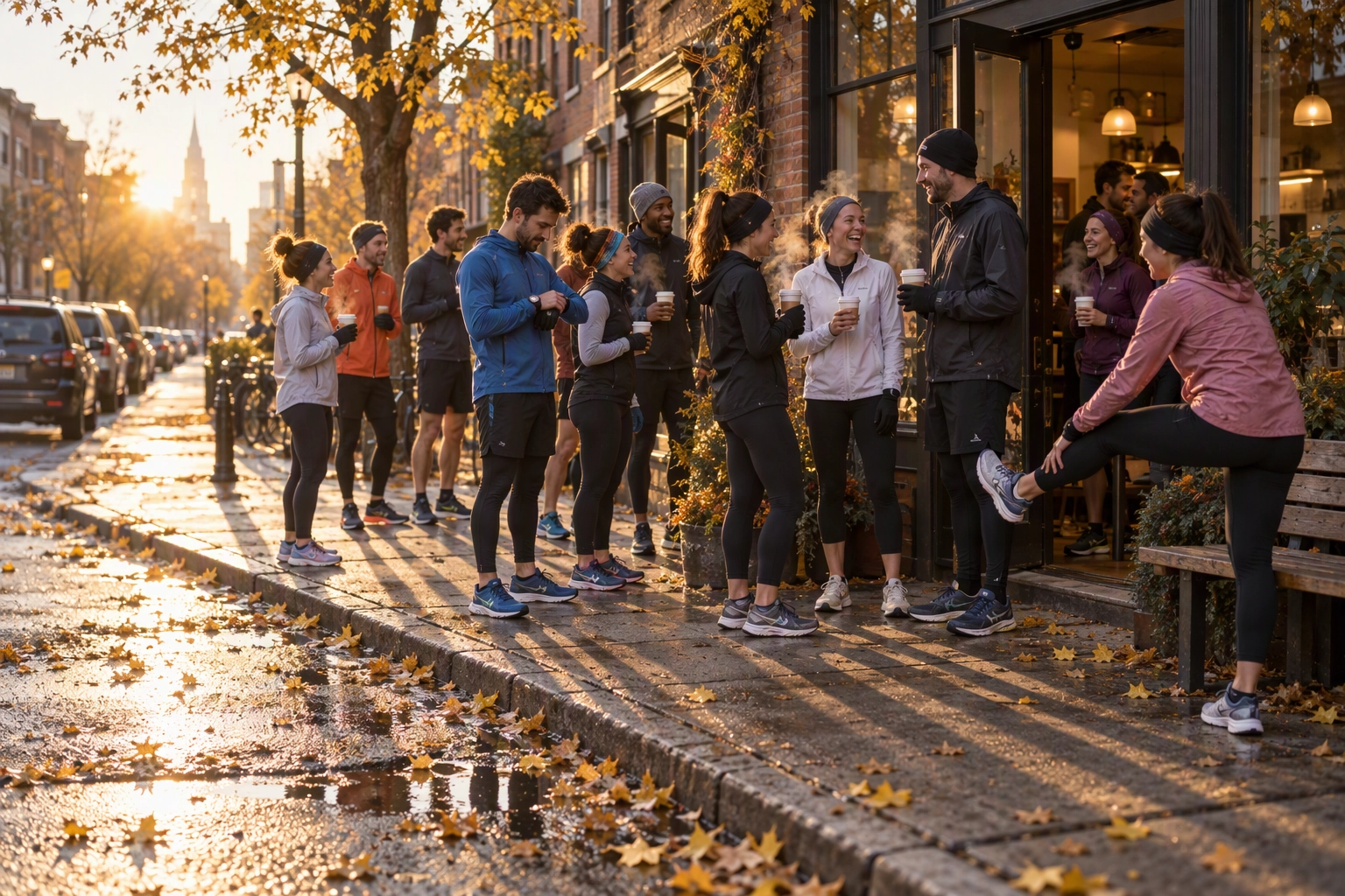 Saturday run club gathering with coffee outside a brick coffee shop, a local coffee shop marketing partnership