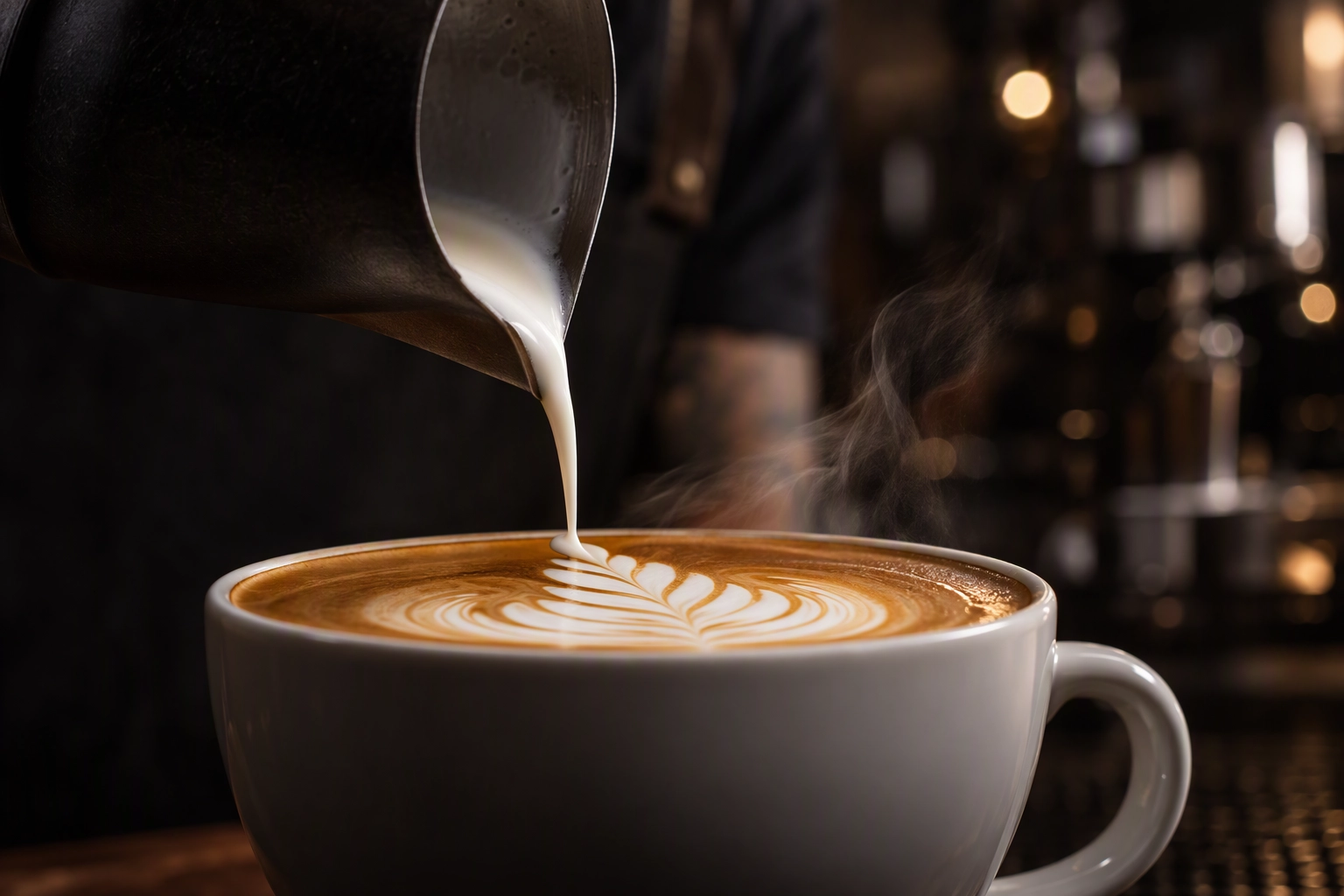 Side-on macro of a rosetta latte art pour, the weekly clip in a coffee shop social media content calendar