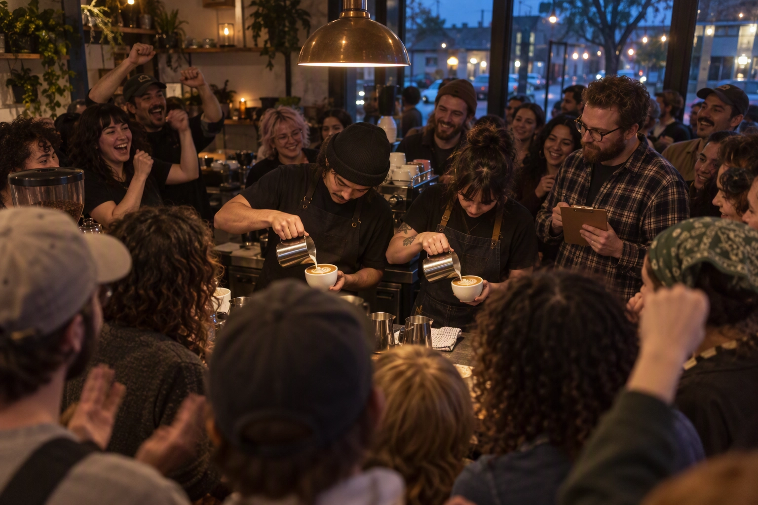 Two baristas pouring at an evening latte art throwdown as a crowd cheers, a community coffee shop event