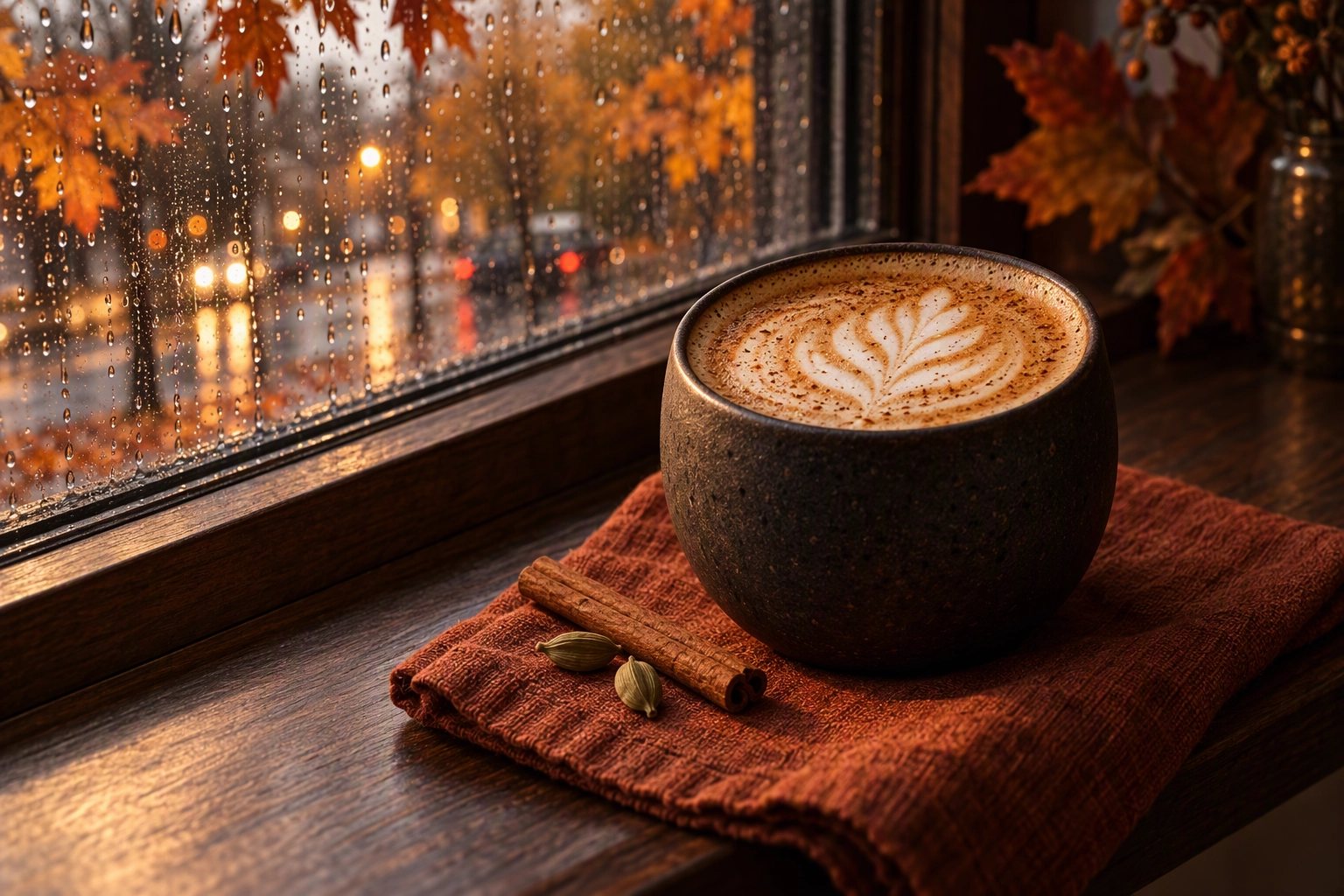 Maple-cardamom latte with a cinnamon stick on an autumn windowsill, a seasonal drink photo for coffee shop marketing
