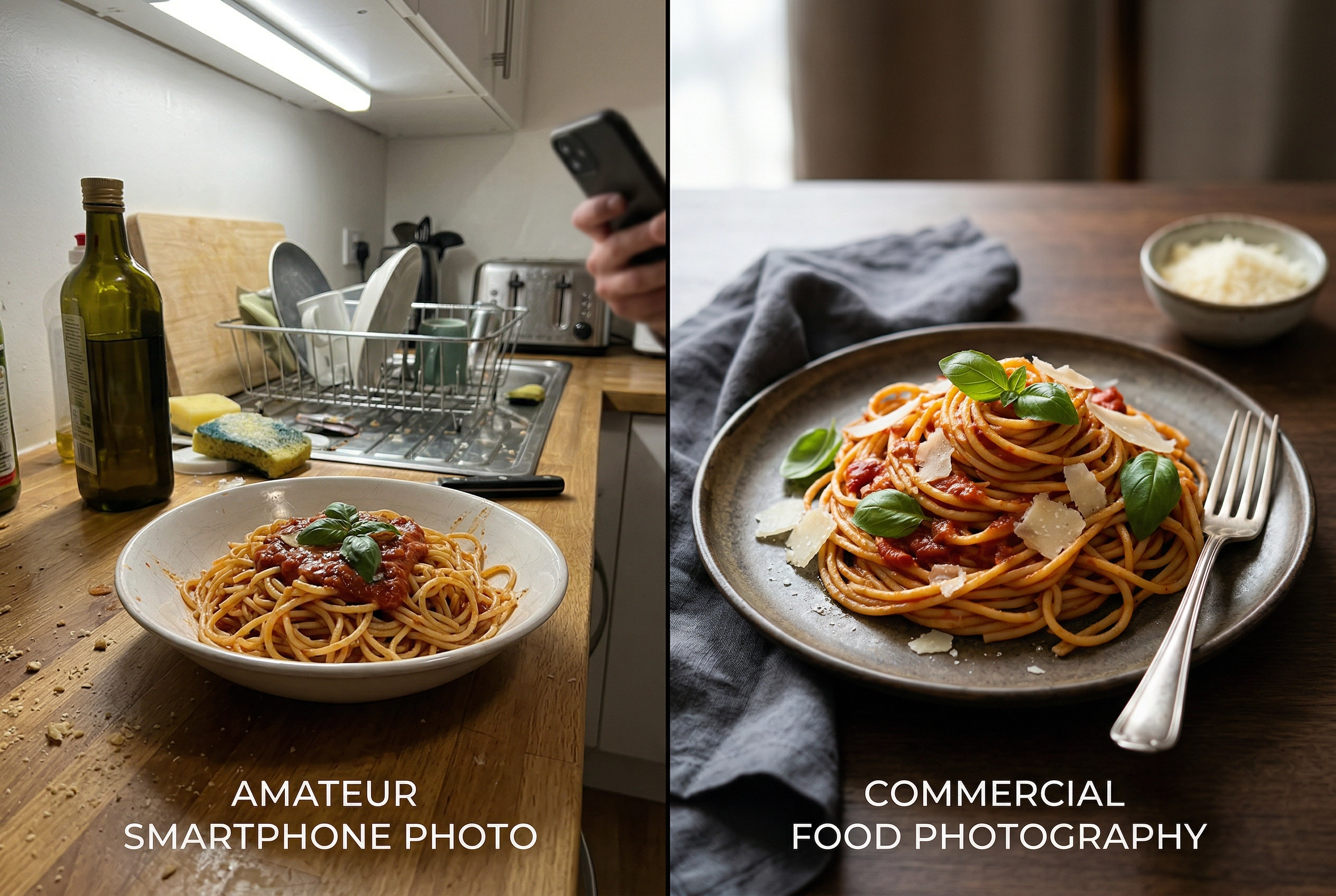 Side-by-side comparison of amateur versus commercial food photography of the same pasta dish
