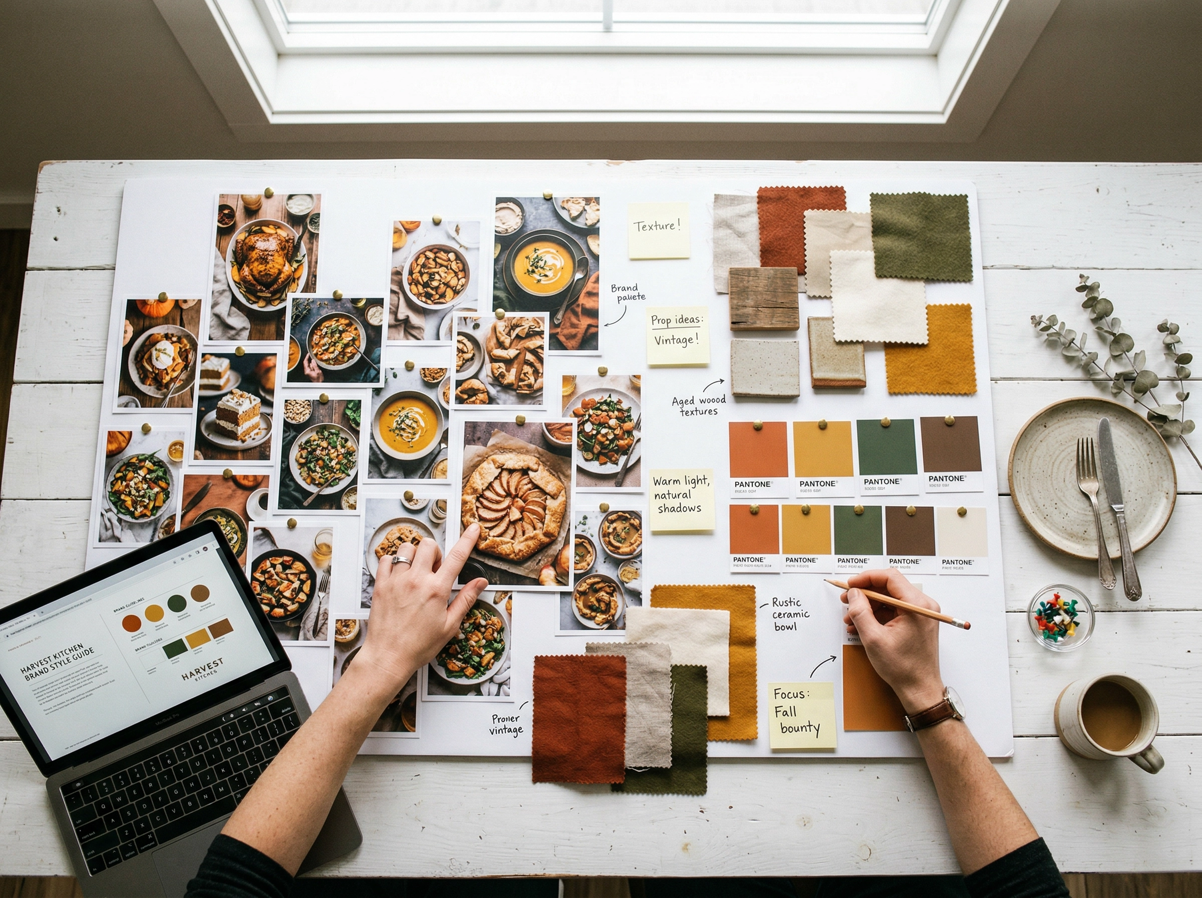 Mood board and creative brief planning for a commercial food photography campaign on conference table