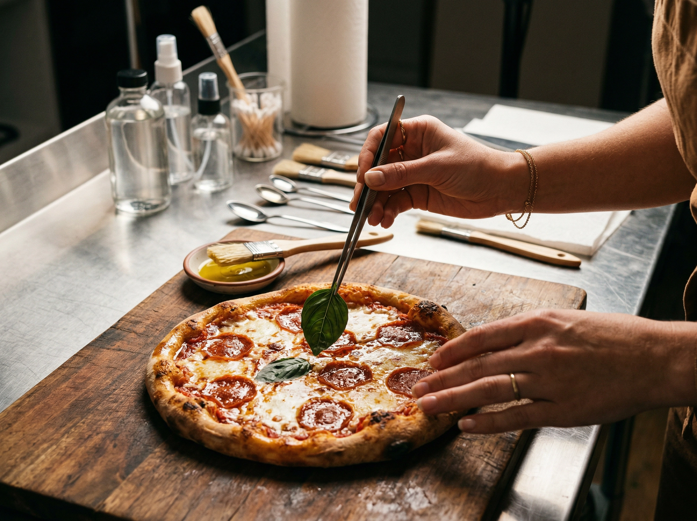Food stylist using tweezers to place garnish on pizza during commercial food photography production