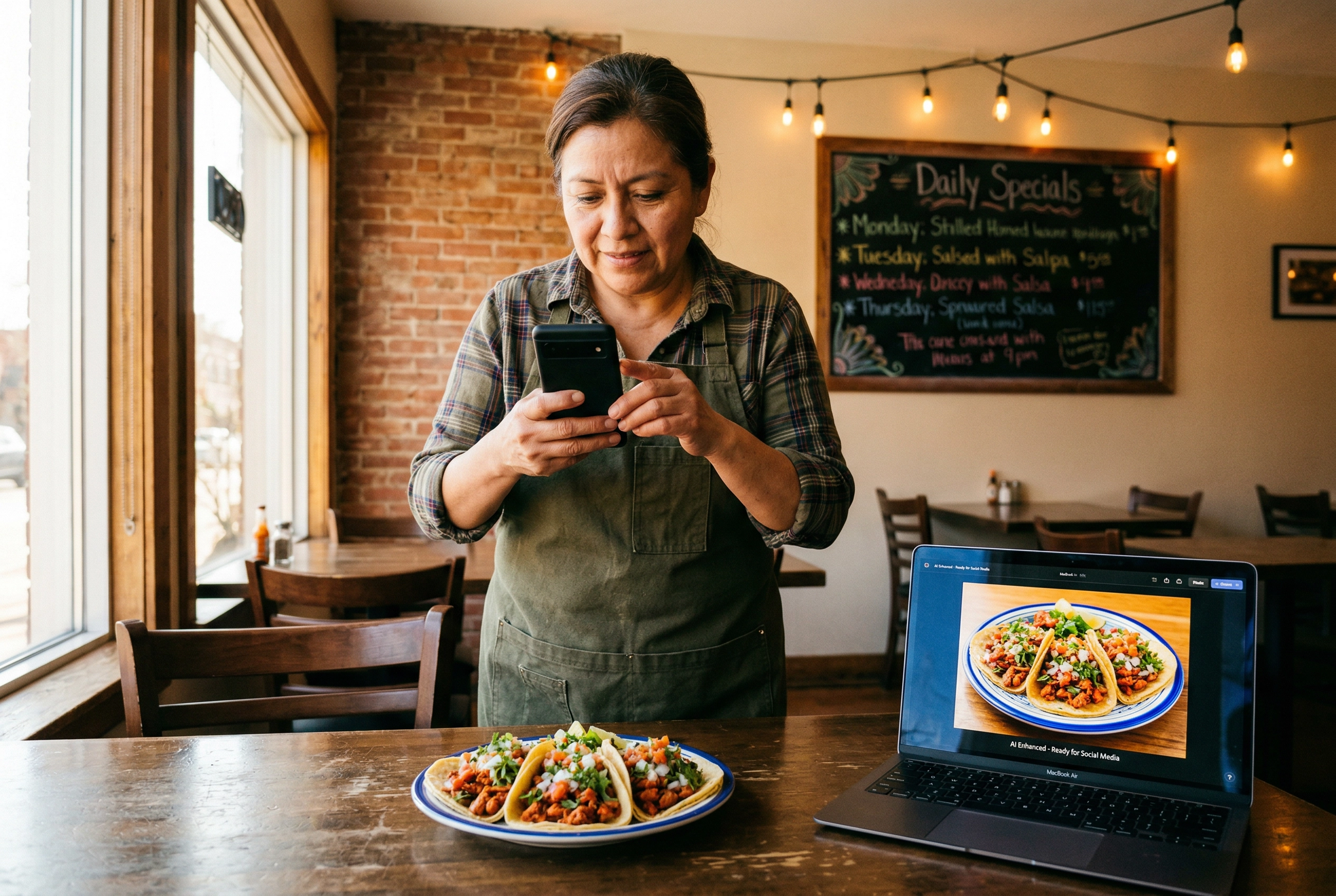 Small restaurant owner using smartphone to photograph tacos for AI-enhanced commercial food photography