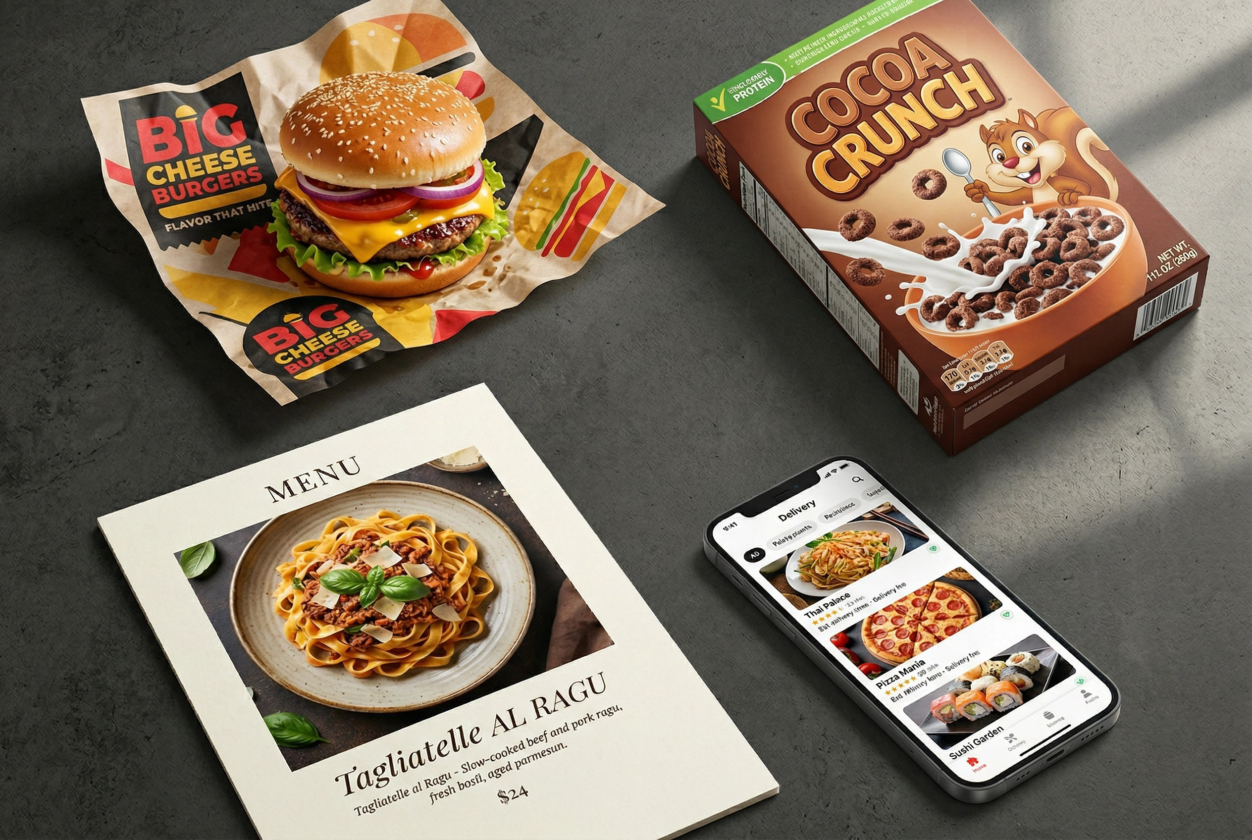 Flat-lay showing four types of commercial food photography including advertising packaging menu and delivery app images