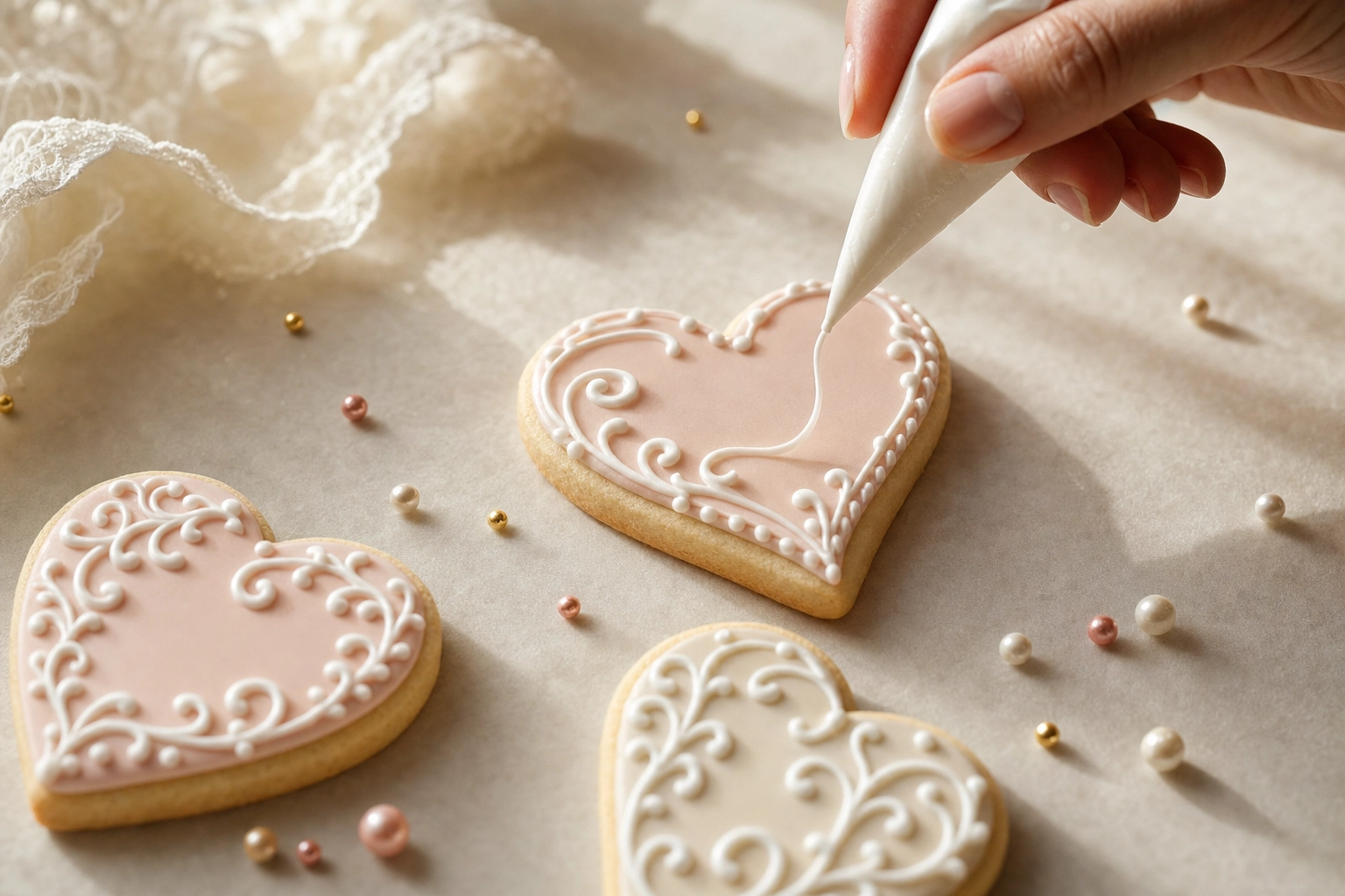 Hand piping fresh royal icing onto a decorated heart cookie in a motion-captured action shot