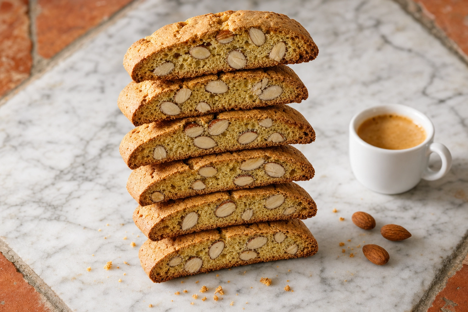Stack of almond biscotti shot straight-on on marble showing porous cross-section with espresso cup