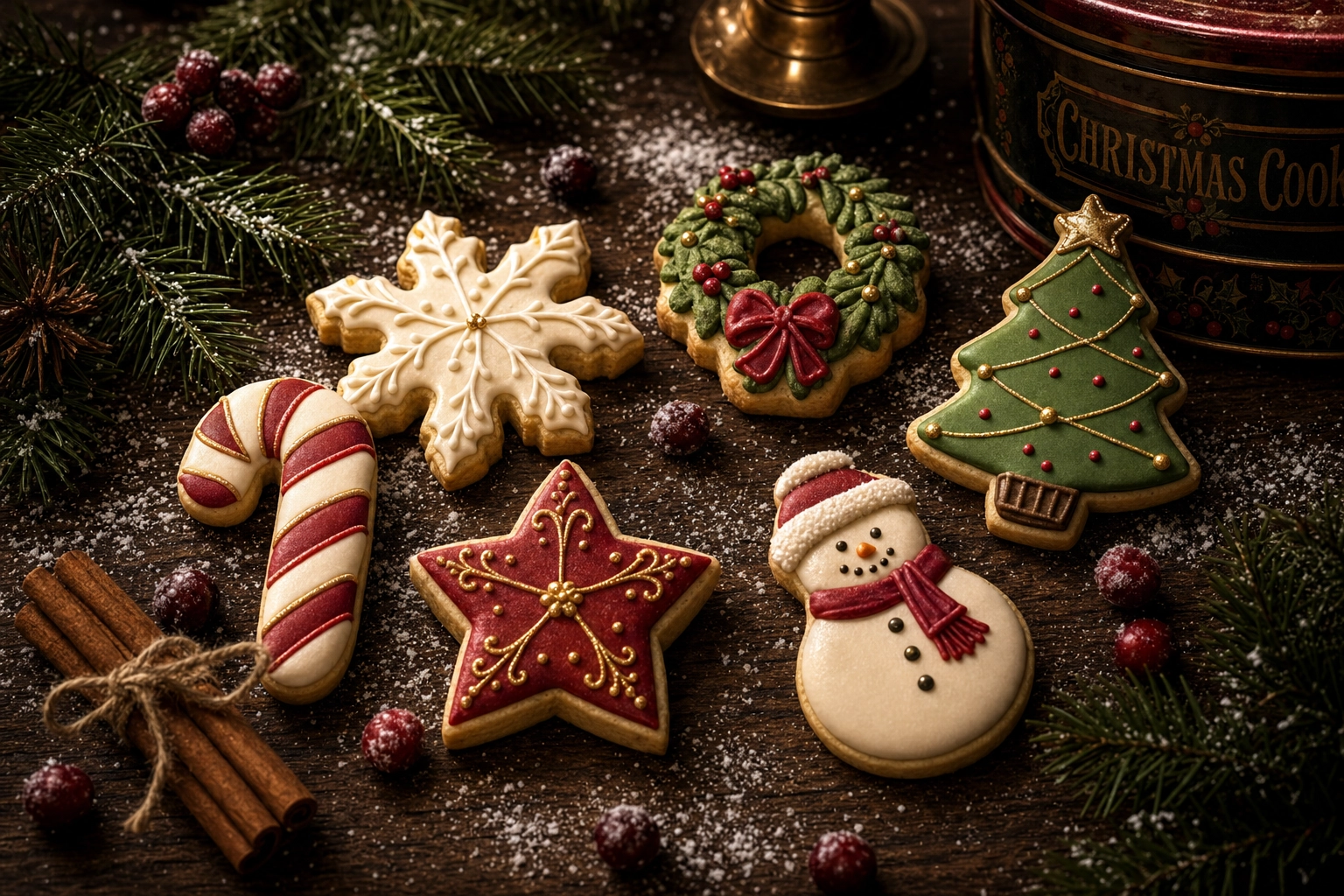 Christmas iced sugar cookies styled with pine sprigs and cinnamon sticks in moody warm holiday lighting