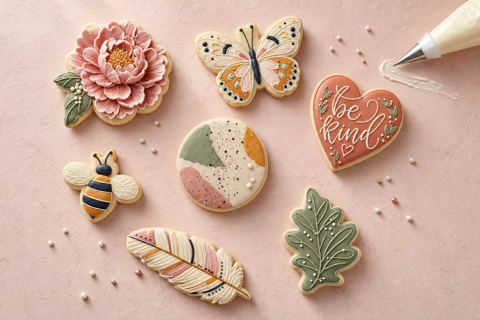 Top-down flat-lay of seven decorated sugar cookies scattered on blush plaster showing cluster composition
