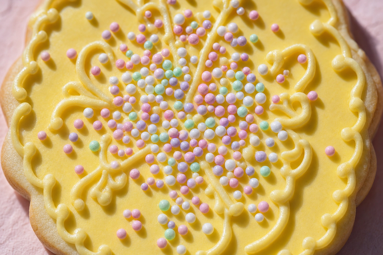 Macro close-up of decorated sugar cookie with royal icing and pastel sprinkles in raking side light