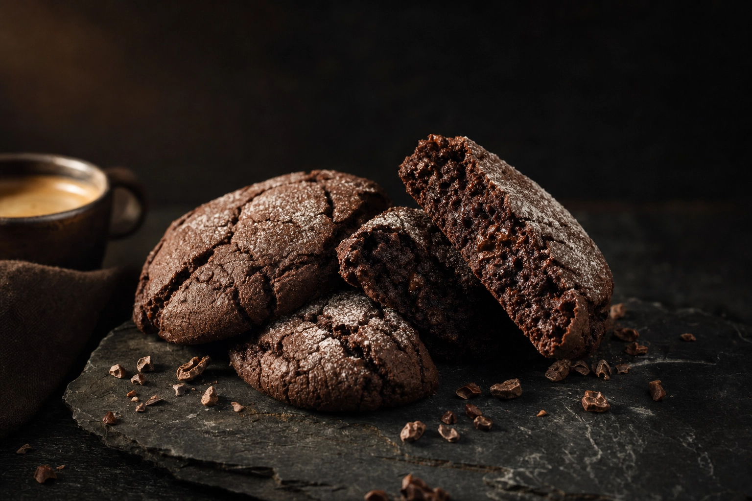 Dark chocolate cookies on black slate with moody side lighting demonstrating dark backgrounds