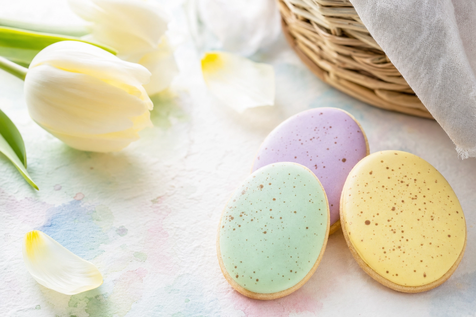 Pastel speckled Easter sugar cookies styled with fresh tulips in airy bright spring lighting