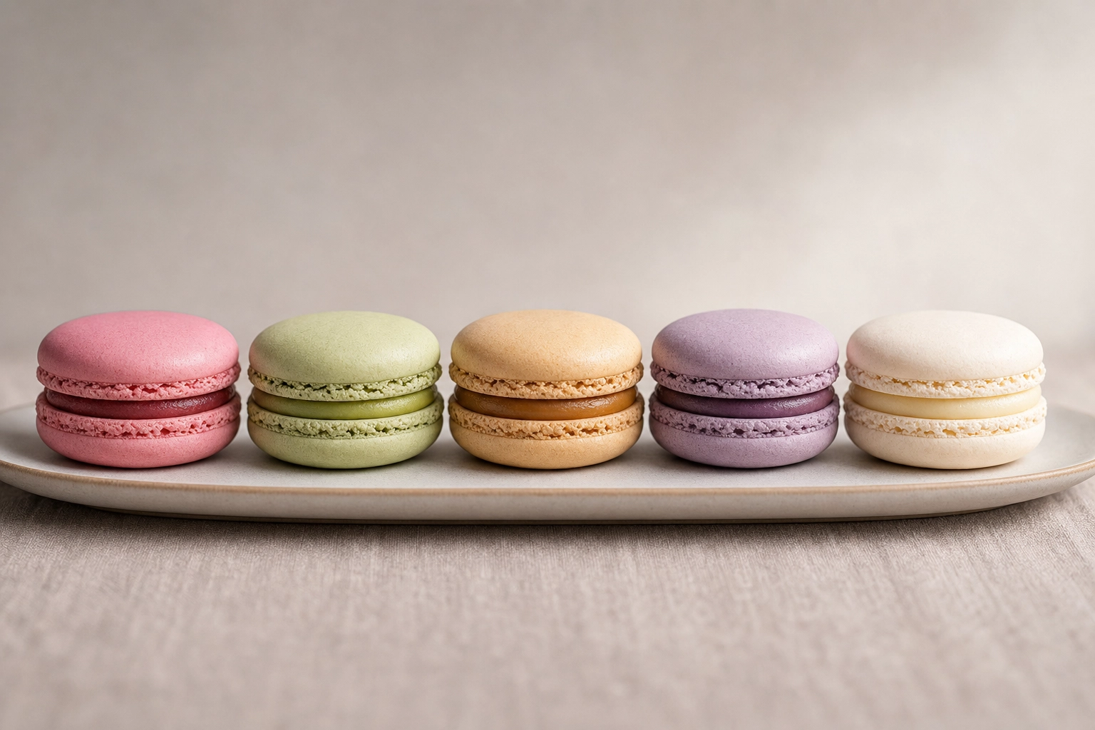 Five pastel macarons in a row shot straight-on at eye level showing the foot and ganache layers